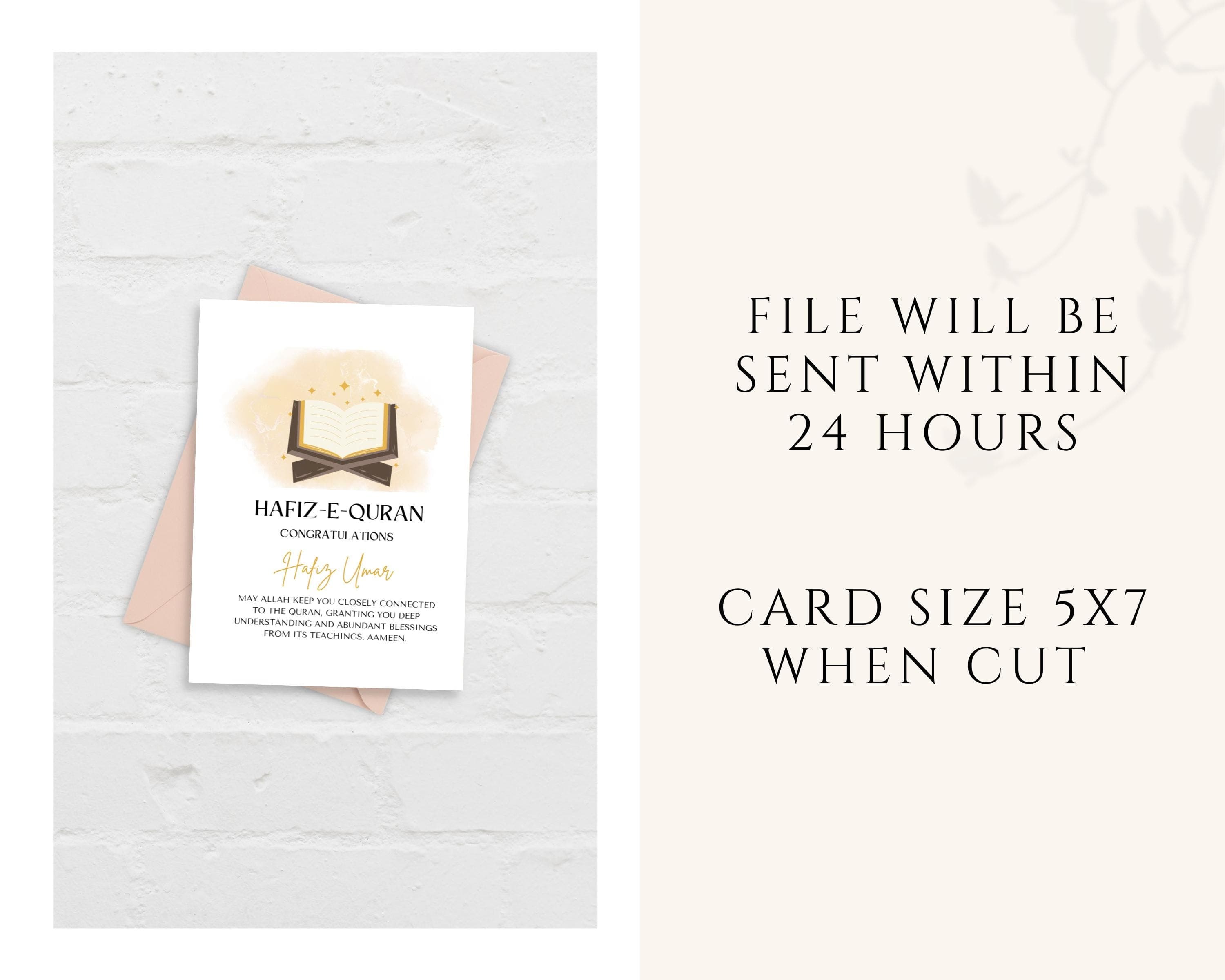 Celebrate achievement in memorising the Quran with this beautifully designed Custom Quran Hifz Card. Perfect for Muslim students, who have completed the memorisation of the Holy Quran.