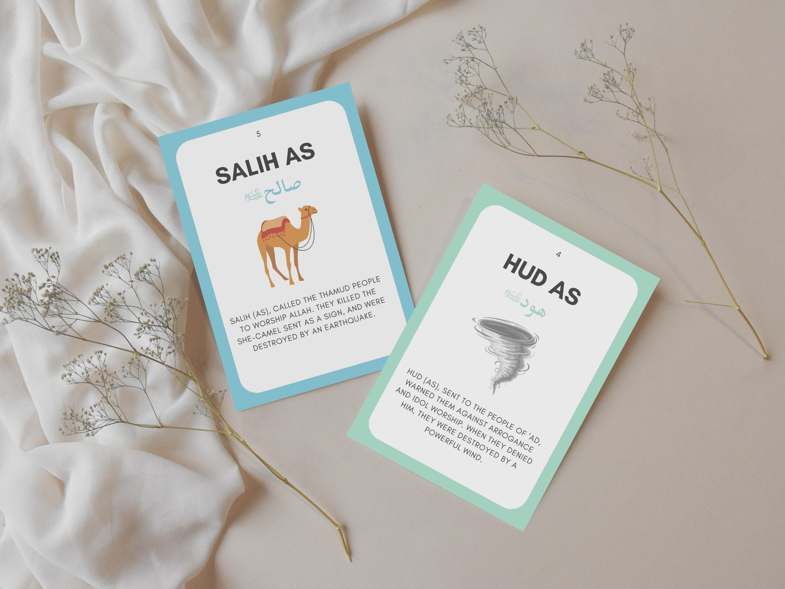 Make learning about the Prophets engaging with these Islamic Prophets Flashcards! These flashcards are a valuable Islamic educational tool to help children memorize and recognize the names and stories of the Prophets mentioned in the Quran.