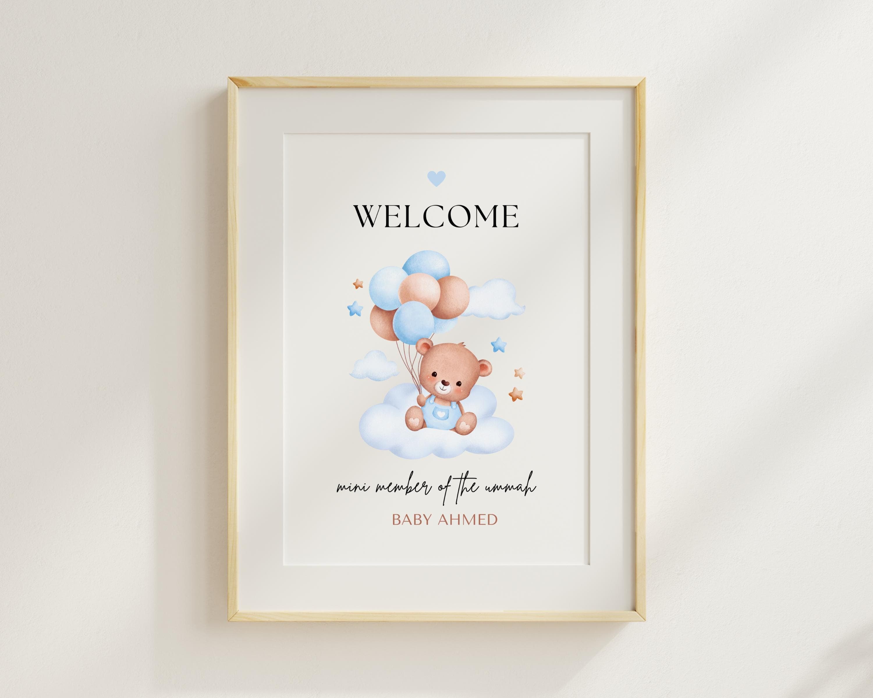 Welcome a new bundle of joy with this beautifully designed Personalized Muslim Baby boy Printable Gift. Perfect for celebrating the arrival of a newborn in the Muslim community, this frame conveys your warmest wishes and blessings.