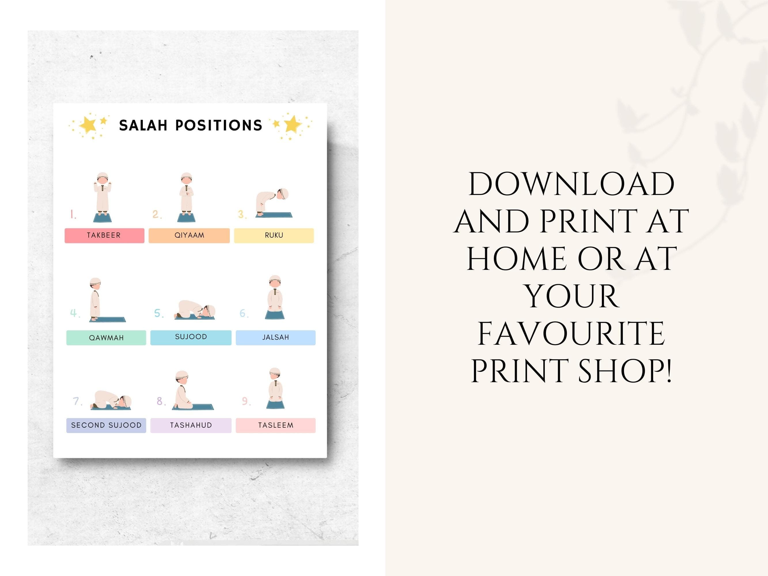 Help children and new learners understand the positions of Salah with this clear and beautifully designed Salah Position Poster. This educational Islamic wall art guides users through each step of the prayer/ Namaz.