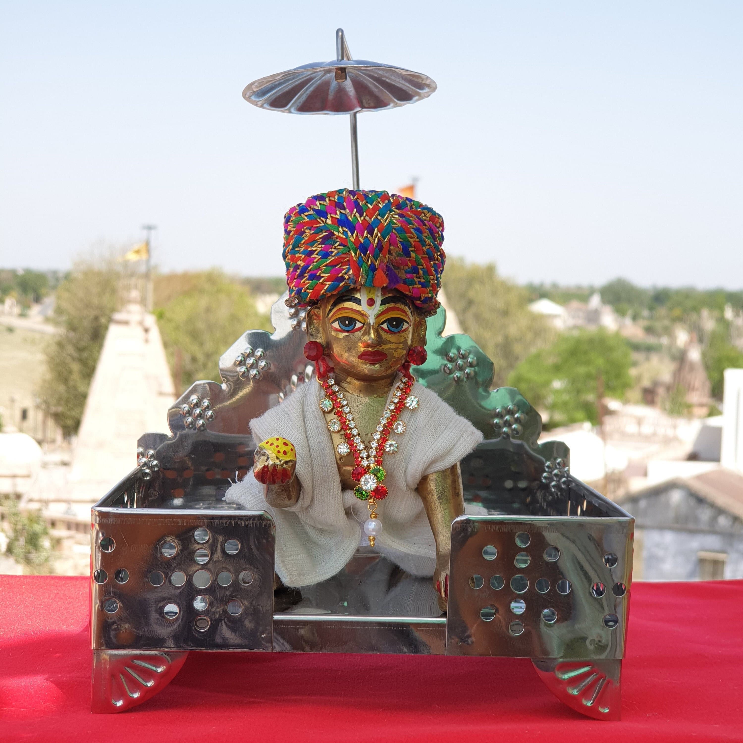 Handcrafted Stainless Steel Singhasan with Roof for Laddu Gopal