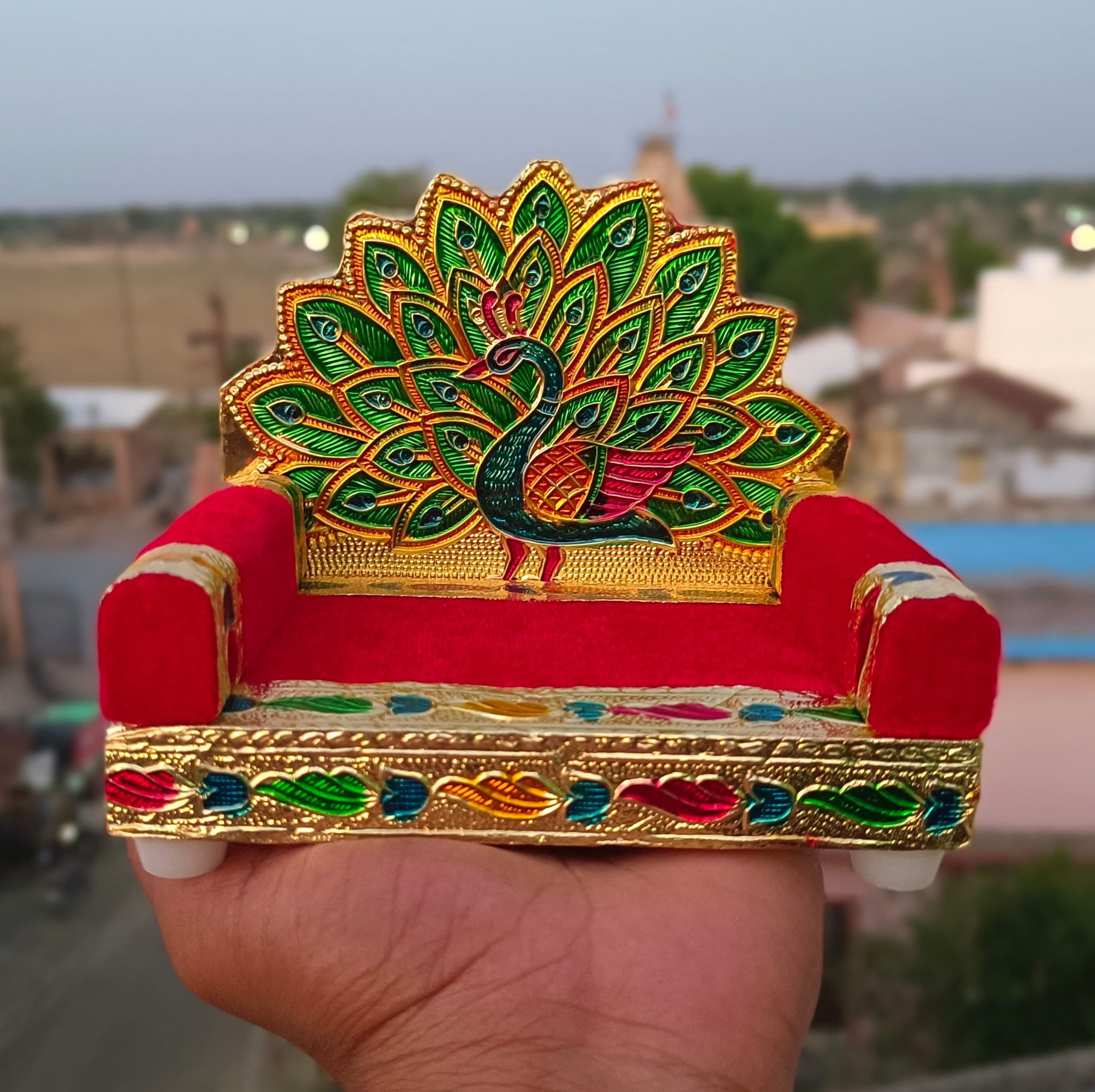 Meenakari Wooden Singhasan: Laddu Gopal Vyasasana Chowki(6.5" Size)