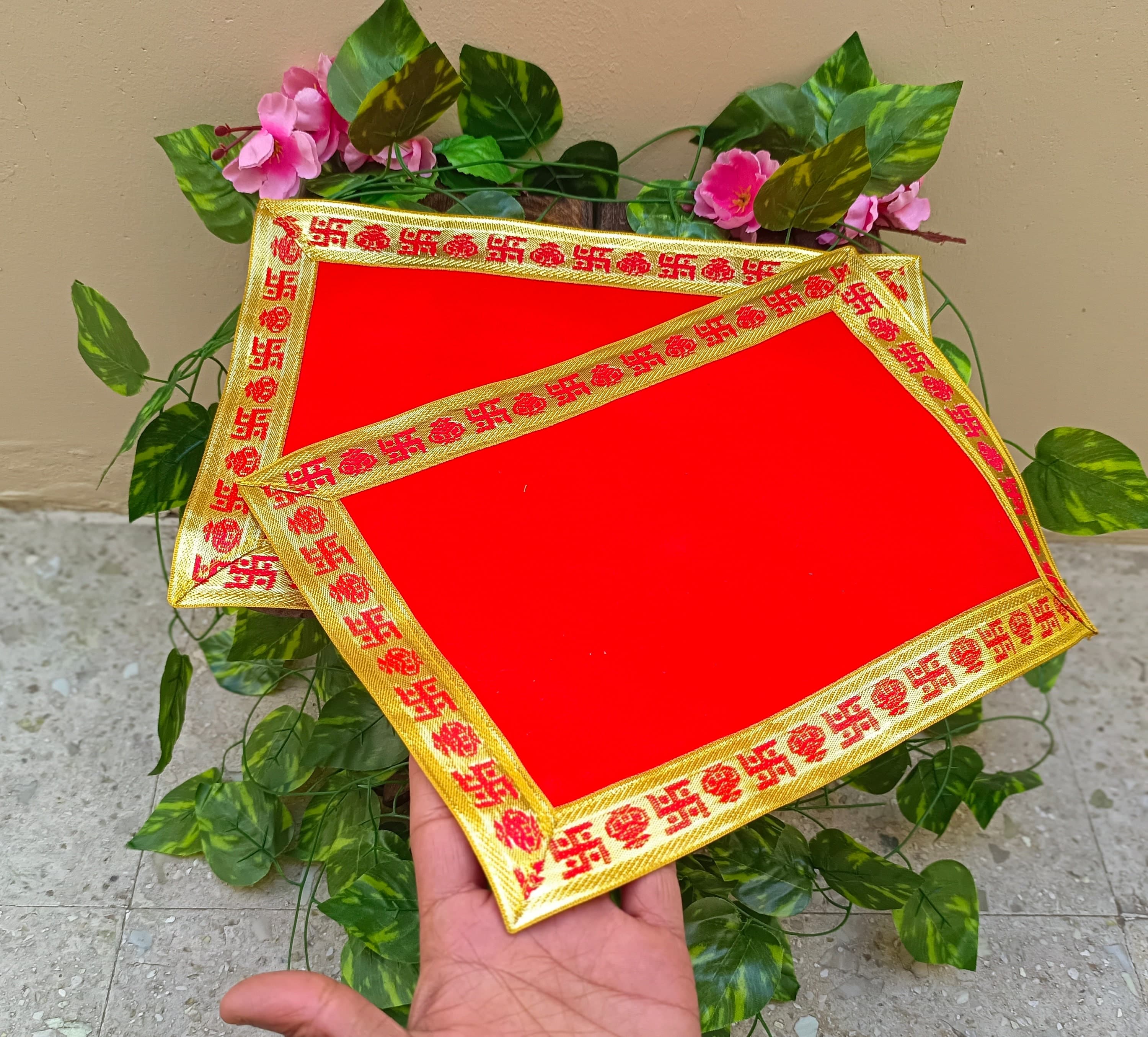 Handmade Red Velvet Pooja Aasan Mats: Temple Altar Cloths (Pack of 2)