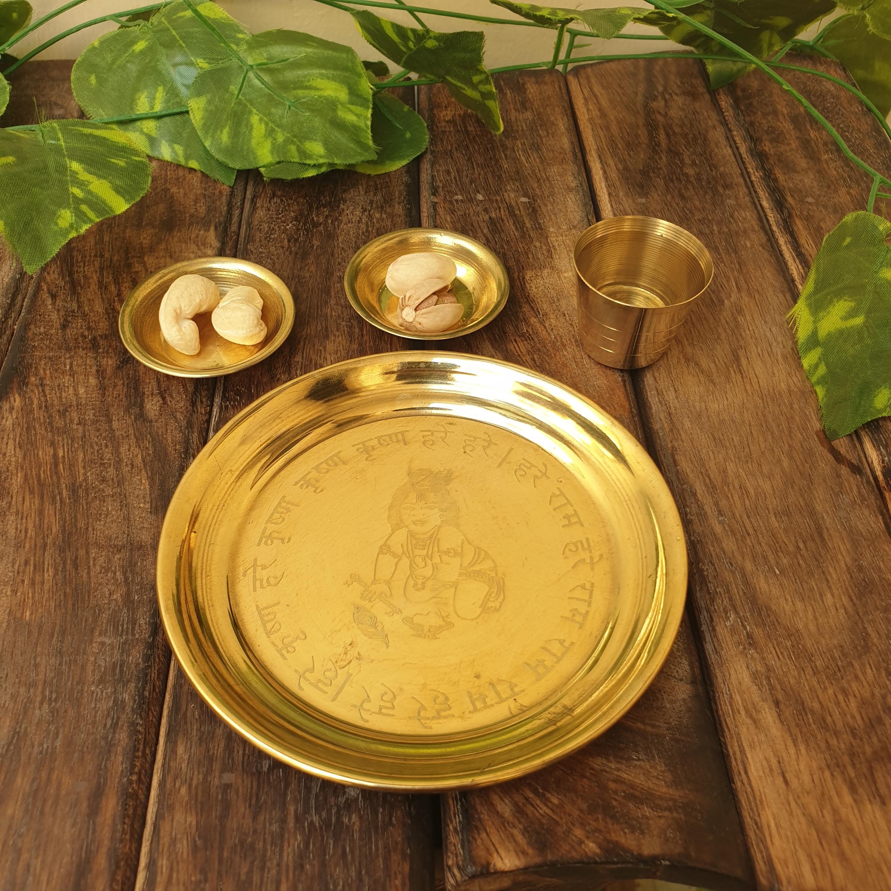 brass bhog thali set , brass thali set of 4, puja thali, brass planter, pooja, brass, thali set, temple, god, pooja plate, gifting, hindu gods, god pooja ,bhog thal ,prasad thali, plate,  bowl, laddu gopal dress