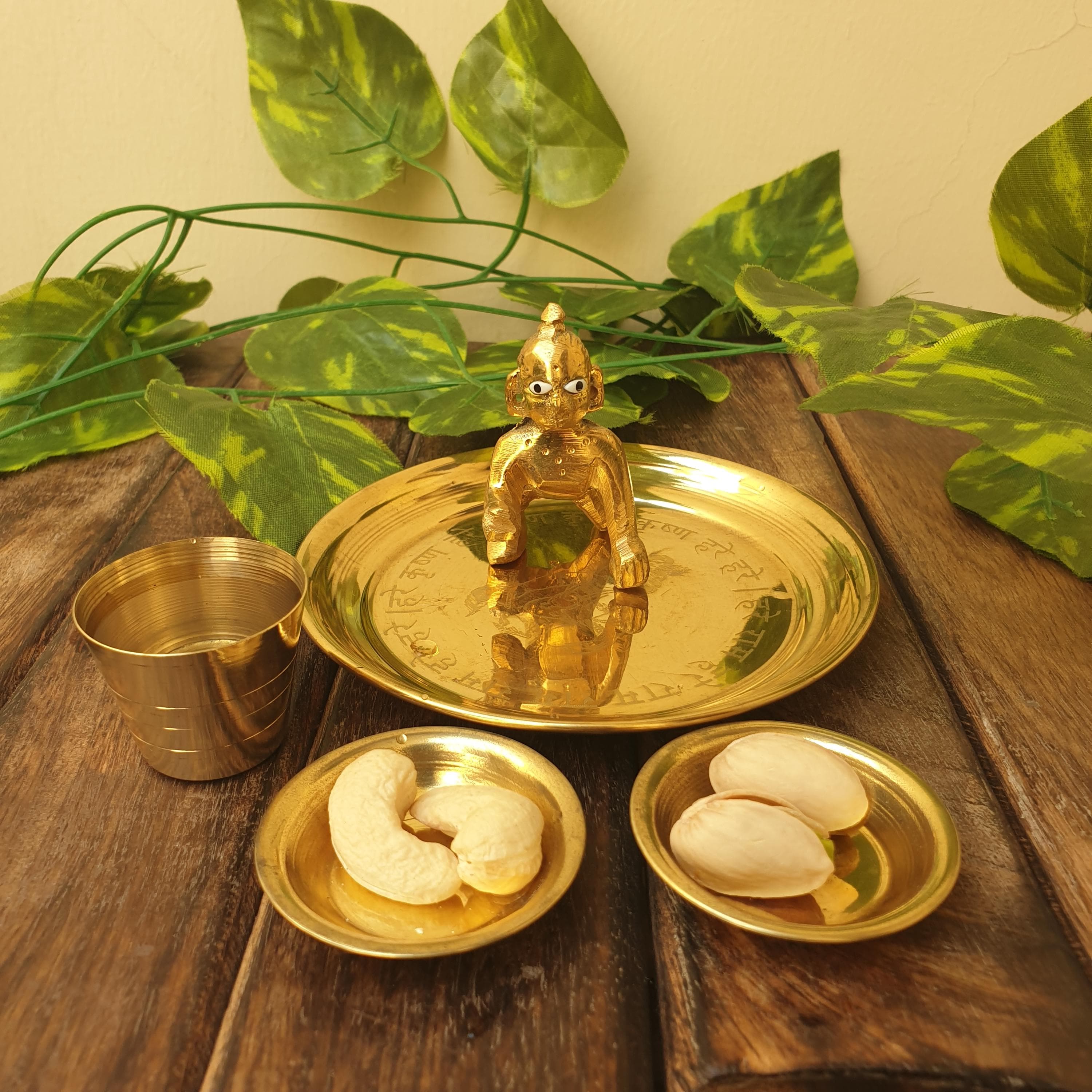 brass bhog thali set , brass thali set of 4, puja thali, brass planter, pooja, brass, thali set, temple, god, pooja plate, gifting, hindu gods, god pooja ,bhog thal ,prasad thali, plate,  bowl, laddu gopal dress