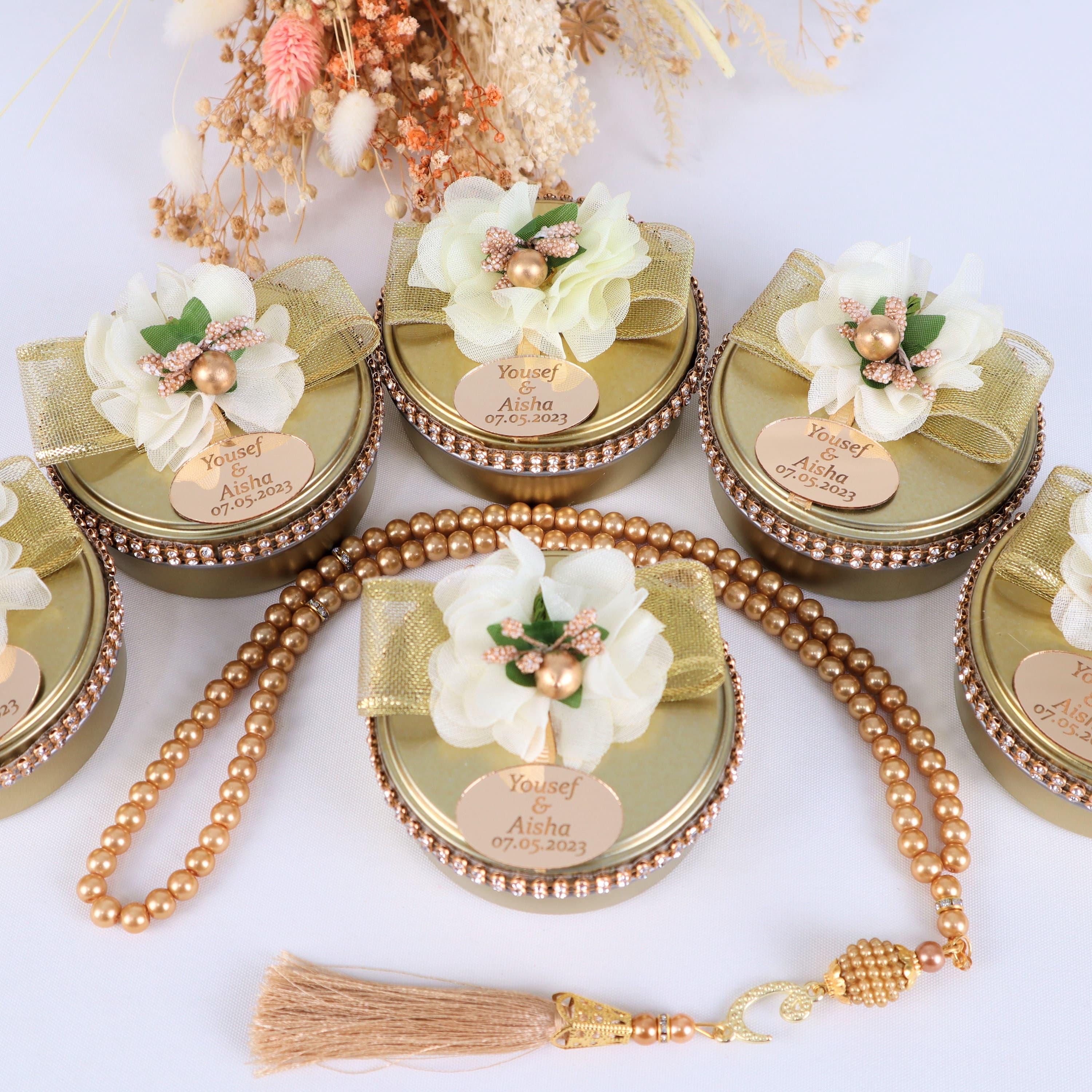 Personalized Pearl Prayer Beads: Wedding Metal Box Favors