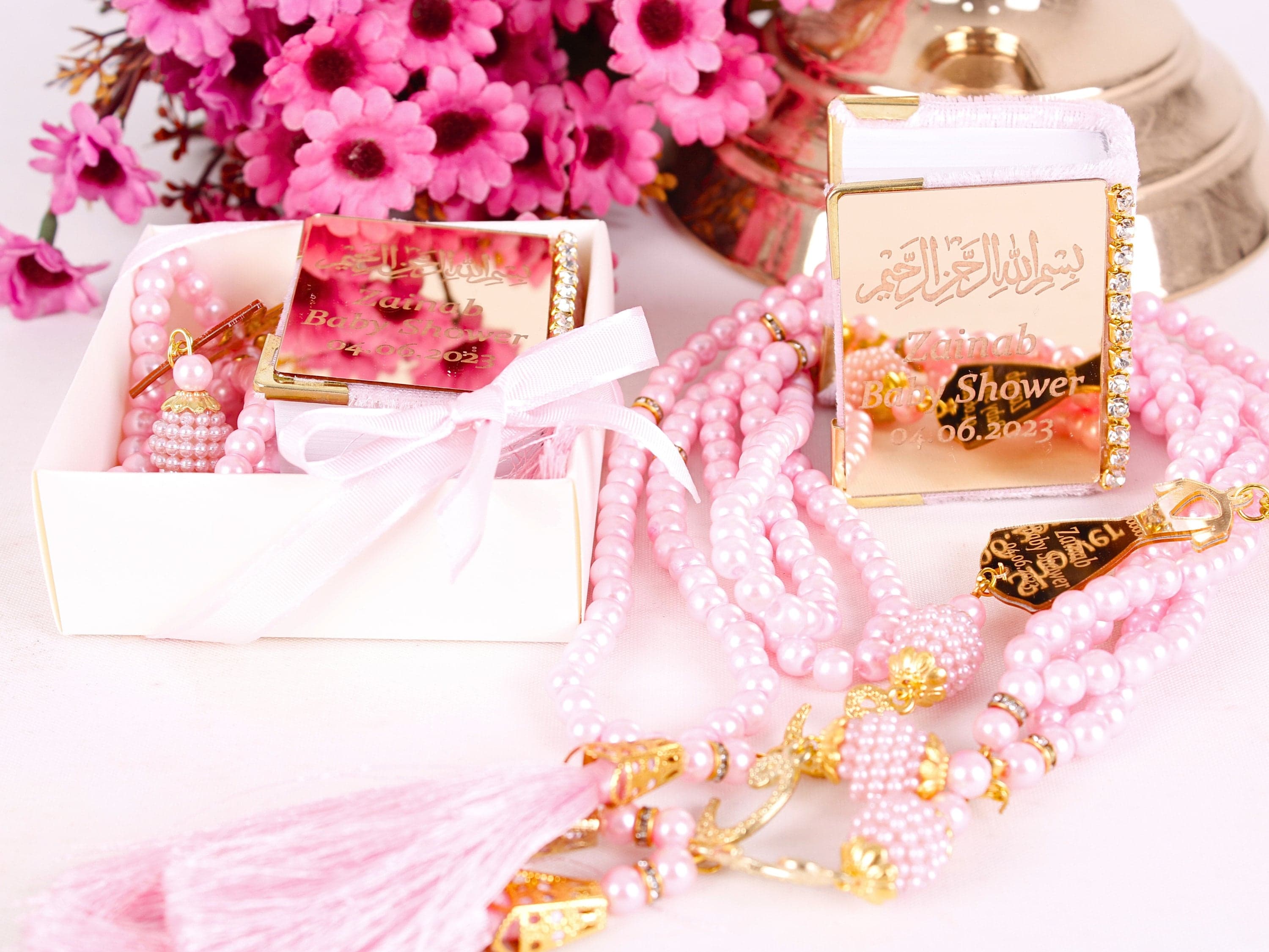 Personalized Velvet Mini Quran Gift Set: Pearl Tasbeeh, Decorated Box - image 4