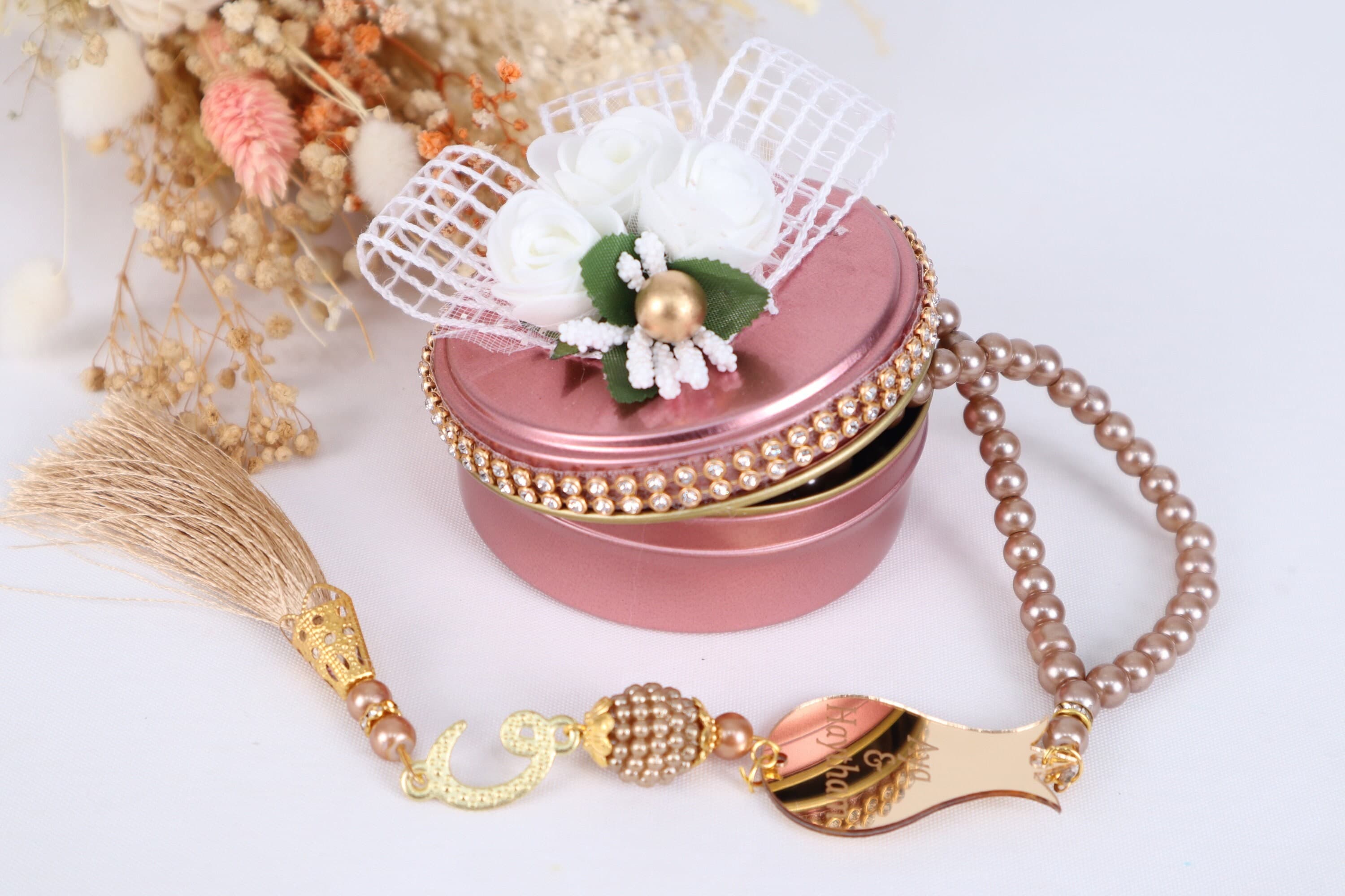 Personalized Pearl Prayer Beads: Metal Box Wedding Favors - image 3