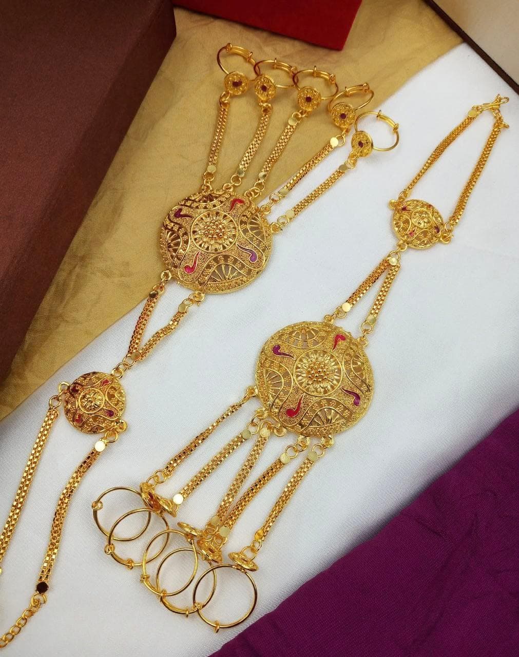 Gold Plated Bridal Hathphool: Kundan Hand Chain, Indian Wedding Jewelry (Pair of 2pcs) - image 3