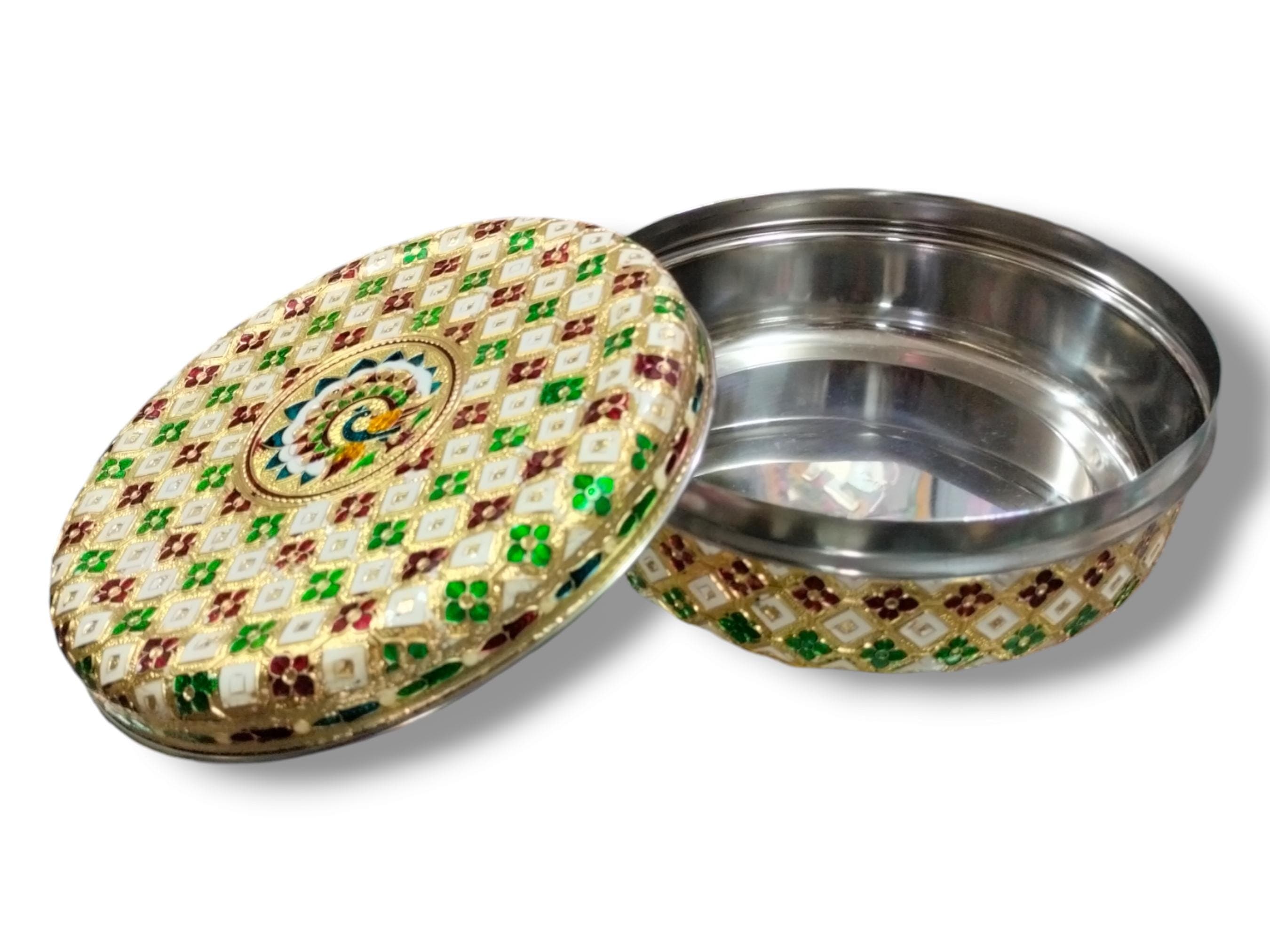 Meenakari Peacock Container, Round Dabba Box, Indian Wedding Gift - image 3