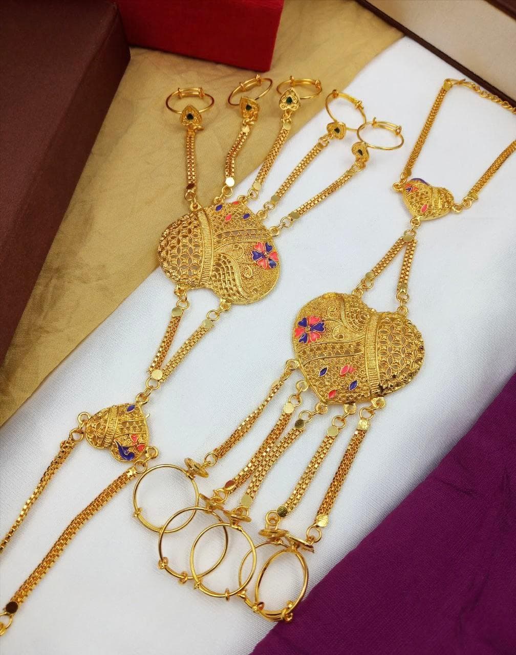 Gold Plated Bridal Hathphool: Kundan Hand Chain, Indian Wedding Jewelry (Pair of 2pcs) - image 4
