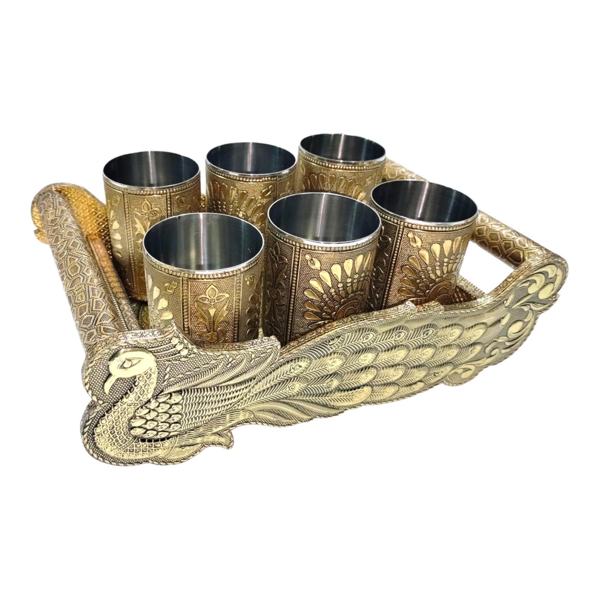 Peacock Design Serving Tray with Stainless Steel Glasses, Set of 7
