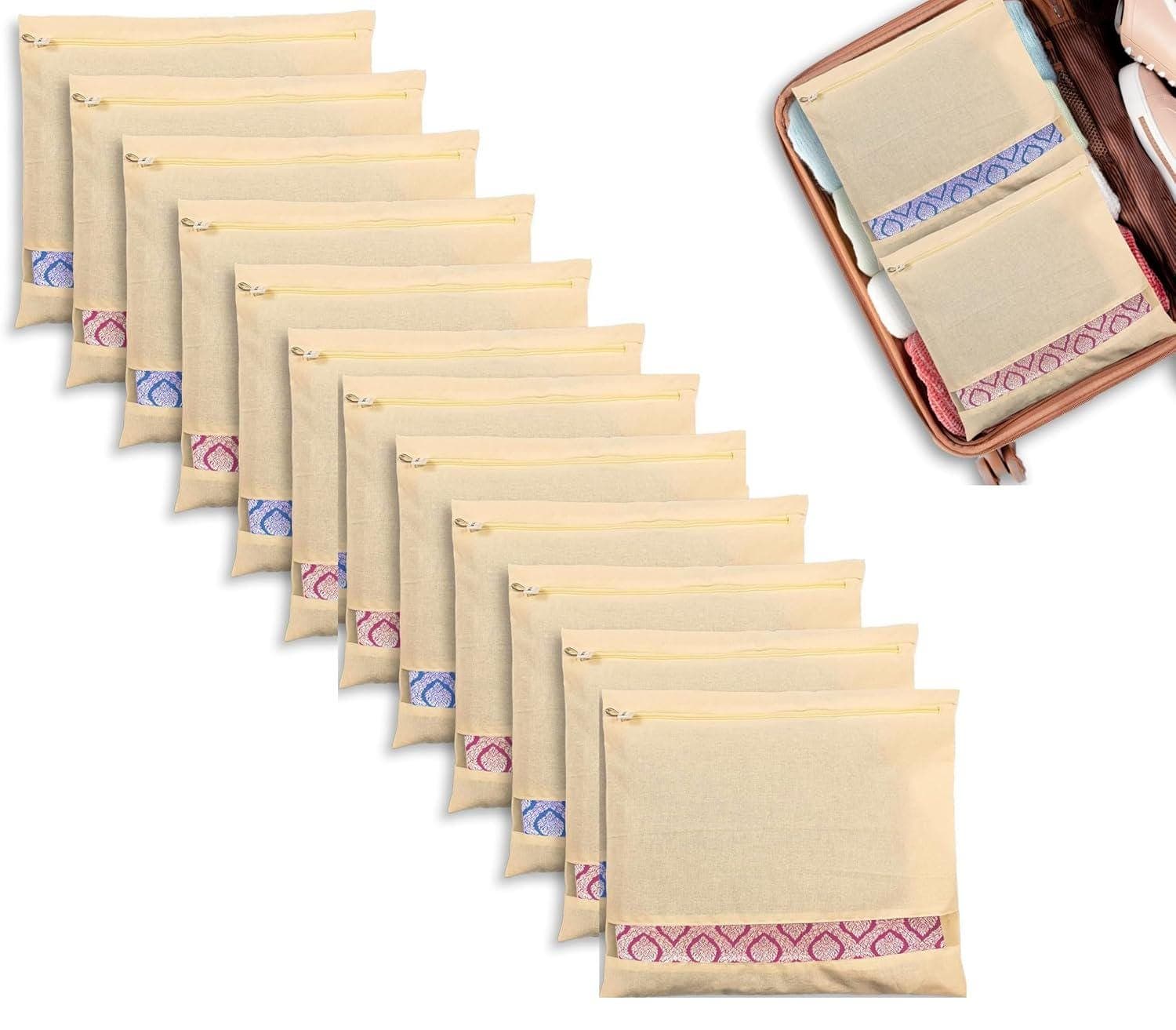 Cotton Saree Bags, Zip Closure, Transparent Window, Beige, Set of 5,10,15