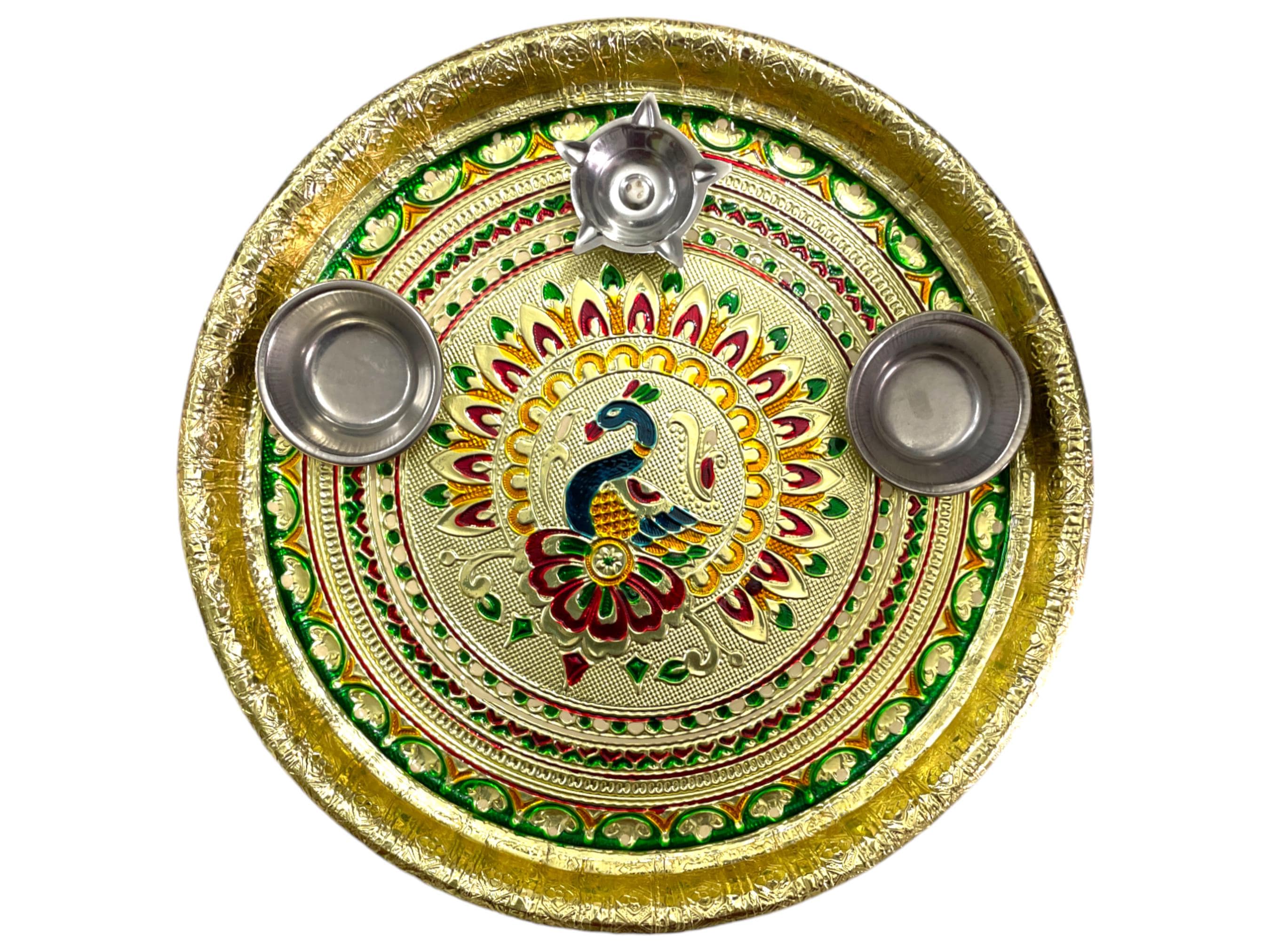 Meenakari Pooja Thali Set: Indian Temple Plate with Diya