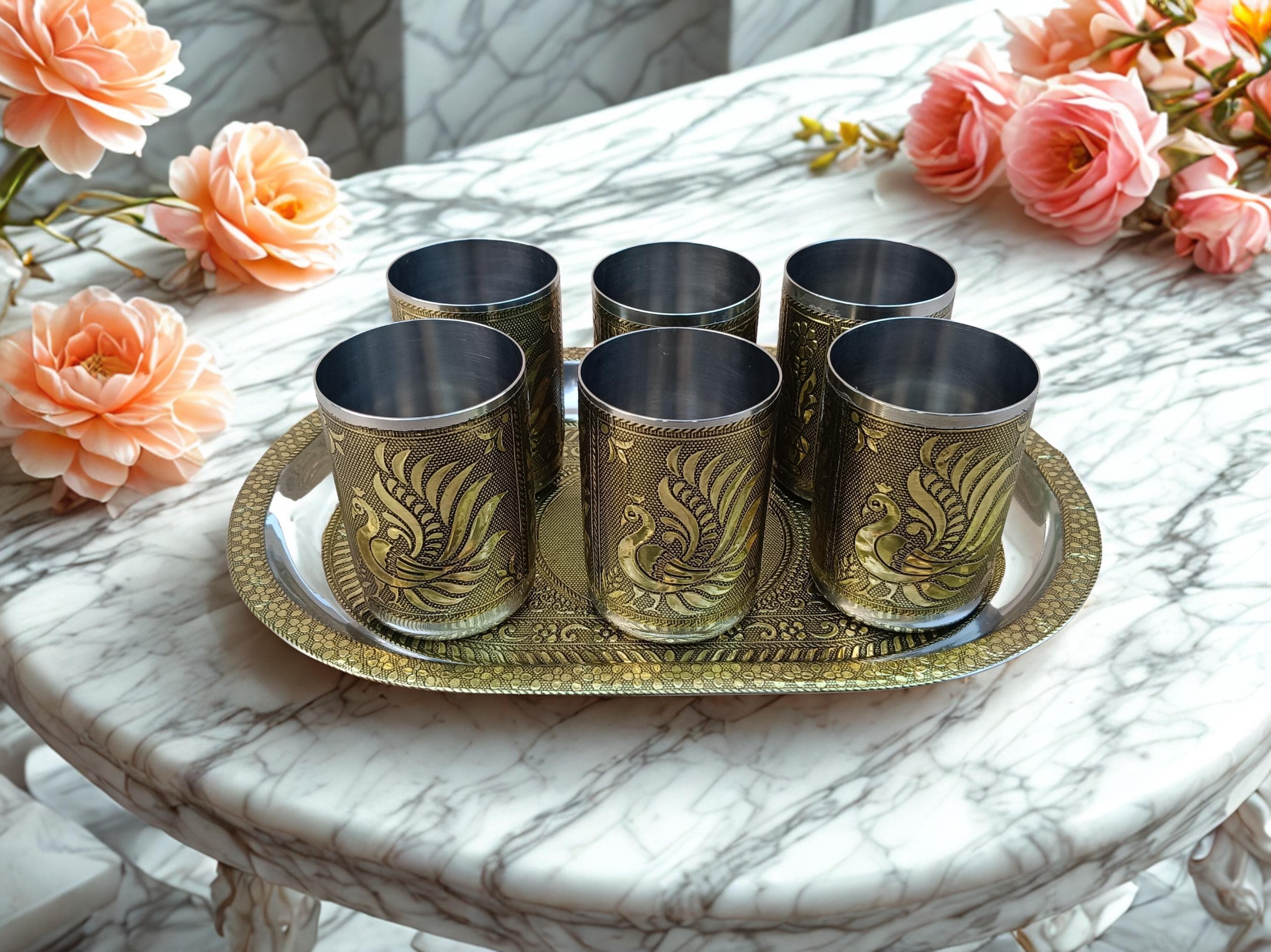 Oxidized Steel Tray with Glasses | Meenakari Serving Set