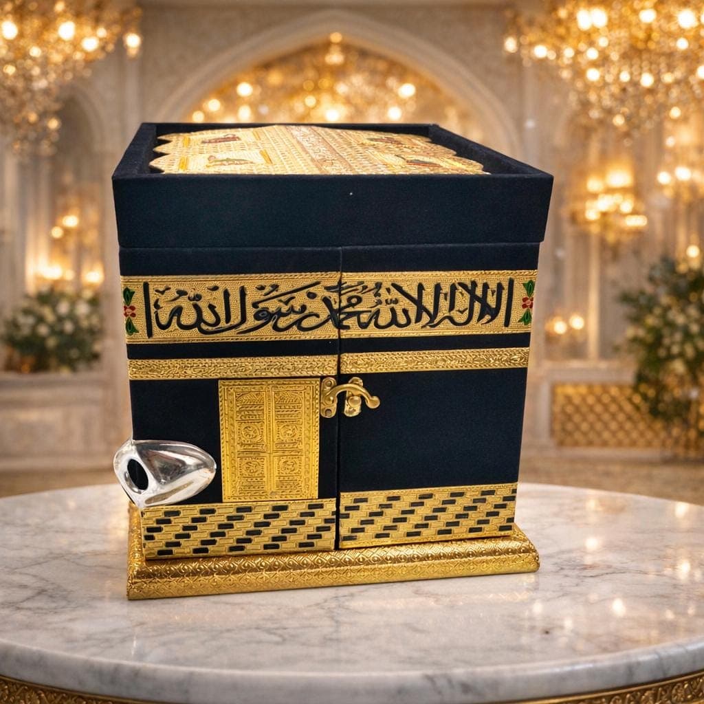 Black Velvet Kaba Quran Box – Handcrafted Engraved Islamic Decor