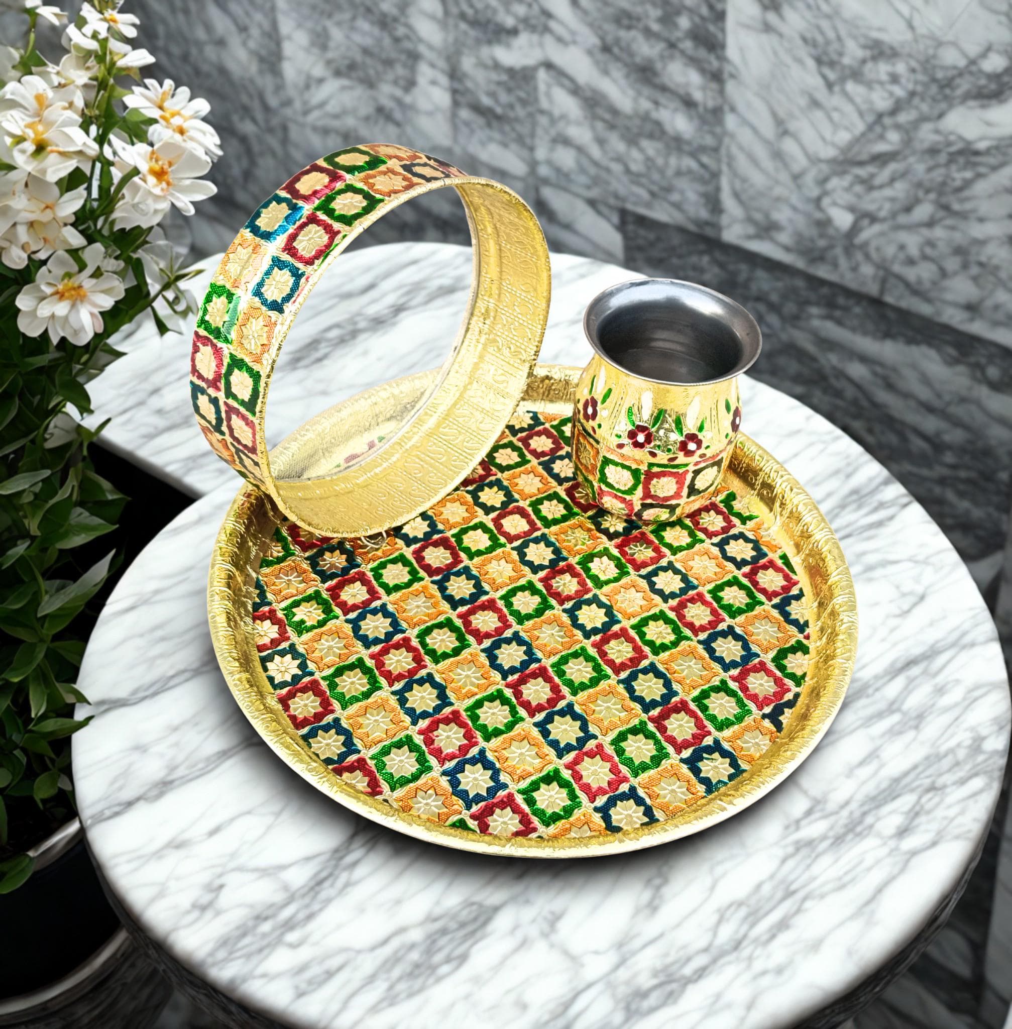 Handcrafted Meenakari Karwa Chauth Thali Set – Indian Pooja Gift