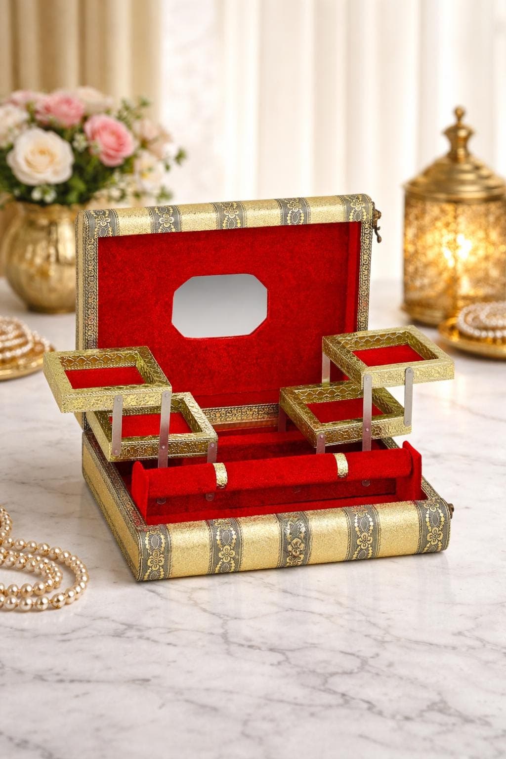 Handmade Oxidized Meenakari Wooden Bangle Box, Red Velvet Jewelry Box For Women And Girls