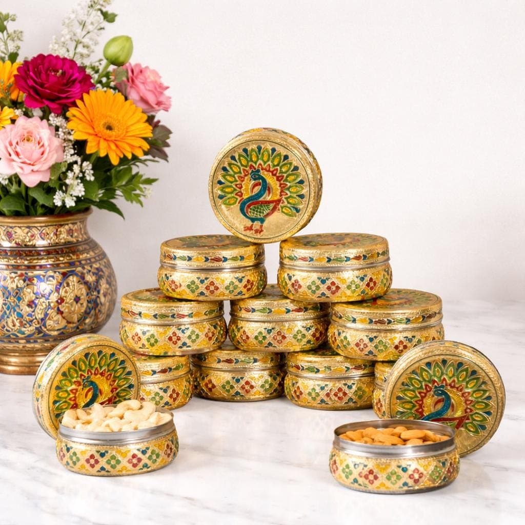 Handicrafted Meenakari Peacock Design Stainless Steel Storage Box (Golden Finish)
