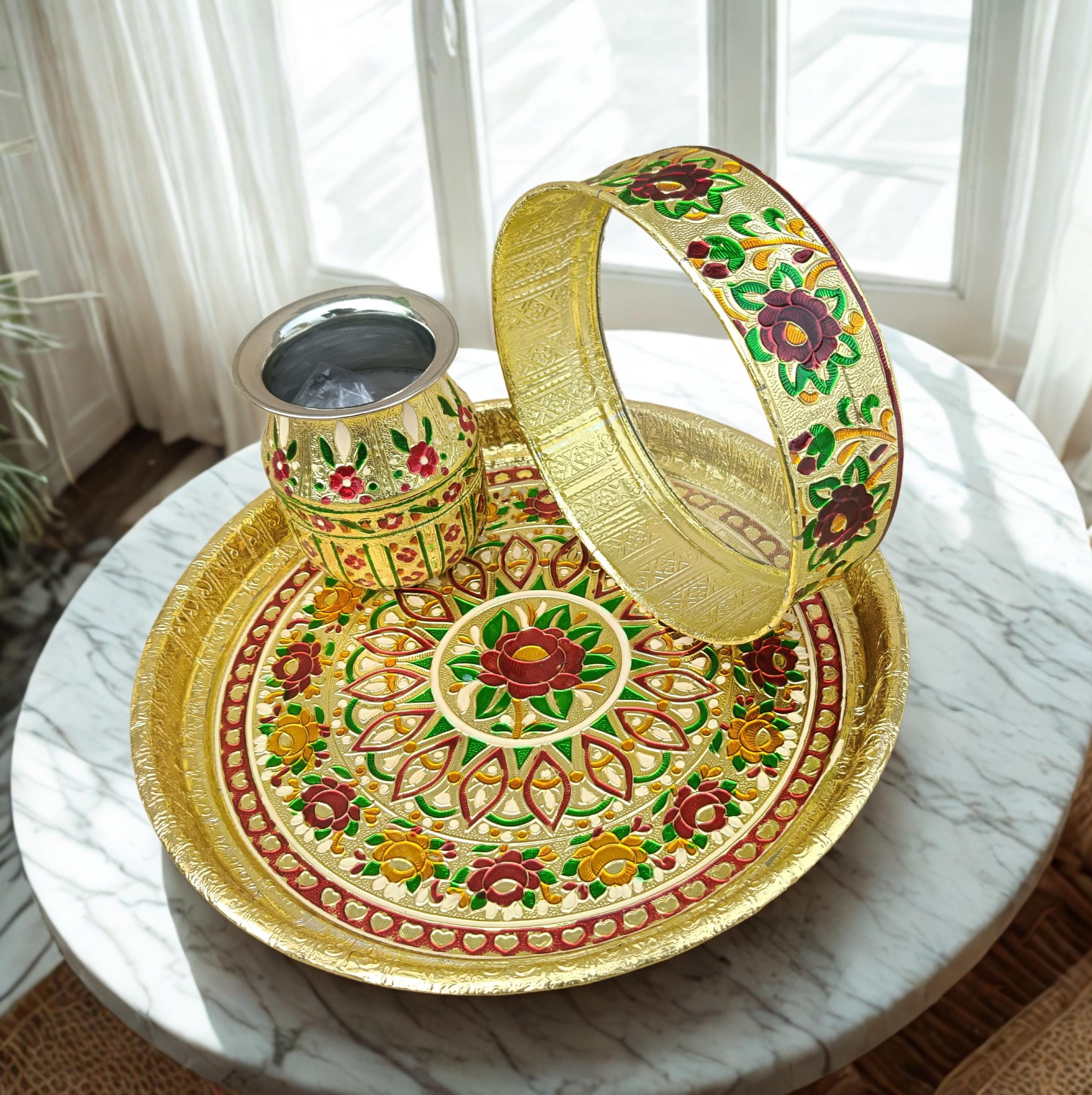Handcrafted Meenakari Karwa Chauth Thali Set – Stainless Steel Pooja Gift