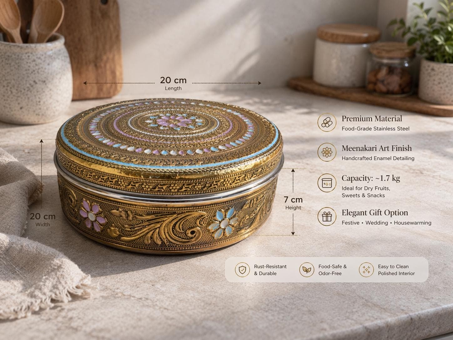 Meenakari Steel Storage Box | Chapati, Dry Fruit Box, Mithai & Namkeen Container | Decorative Return Gift For Marriage, Diwali, Wedding. - image 5