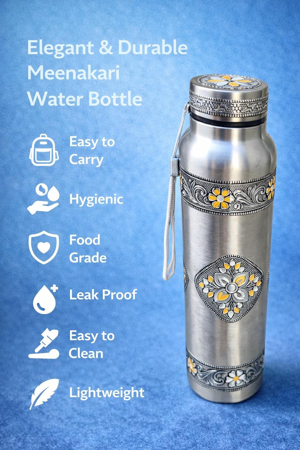 Handcrafted Meenakari Stainless Steel Water Bottle | Oxidized Finish, 1000ml - image 4