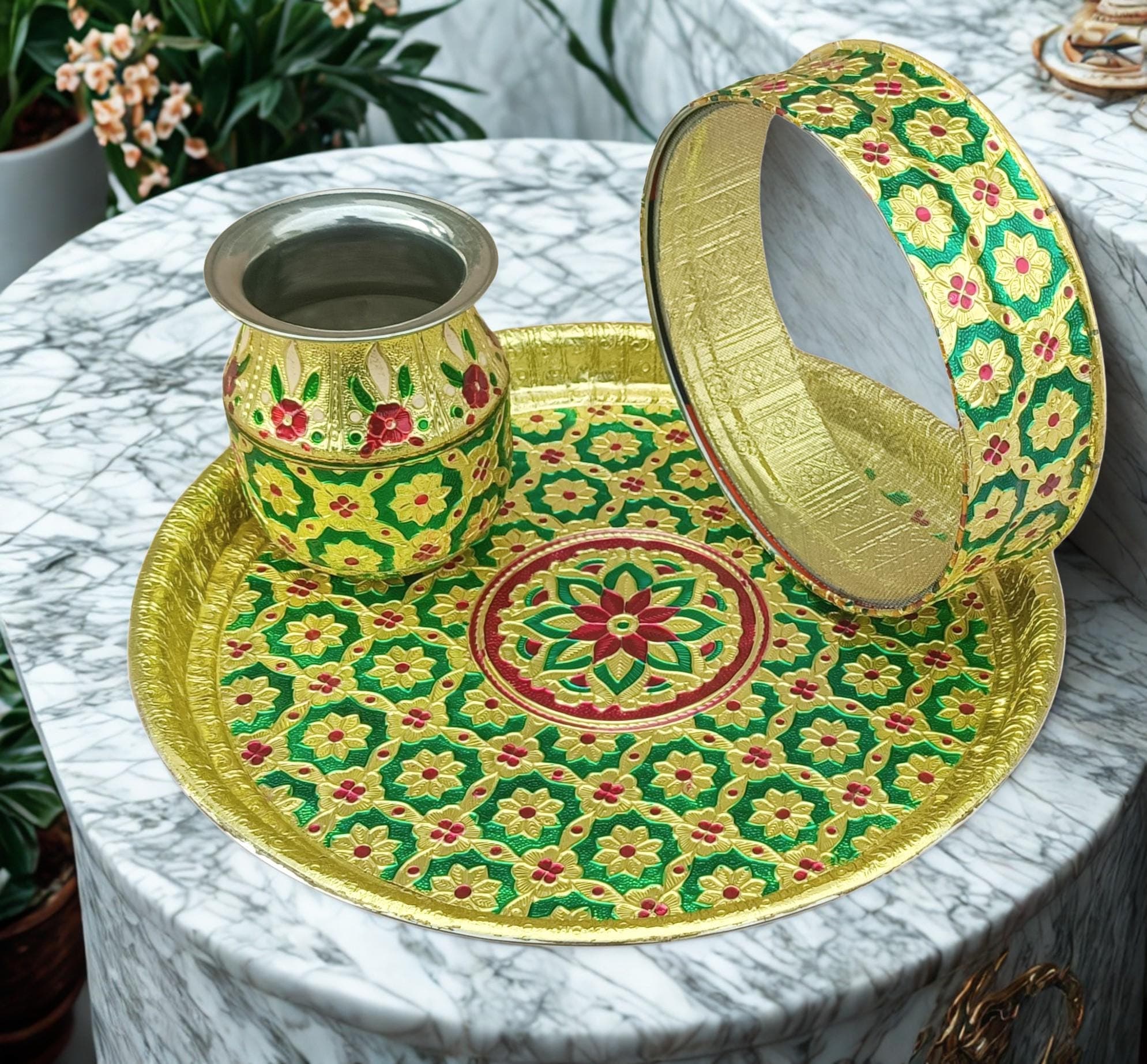 Handcrafted Meenakari Karwa Chauth Thali Set, Indian Pooja Gift