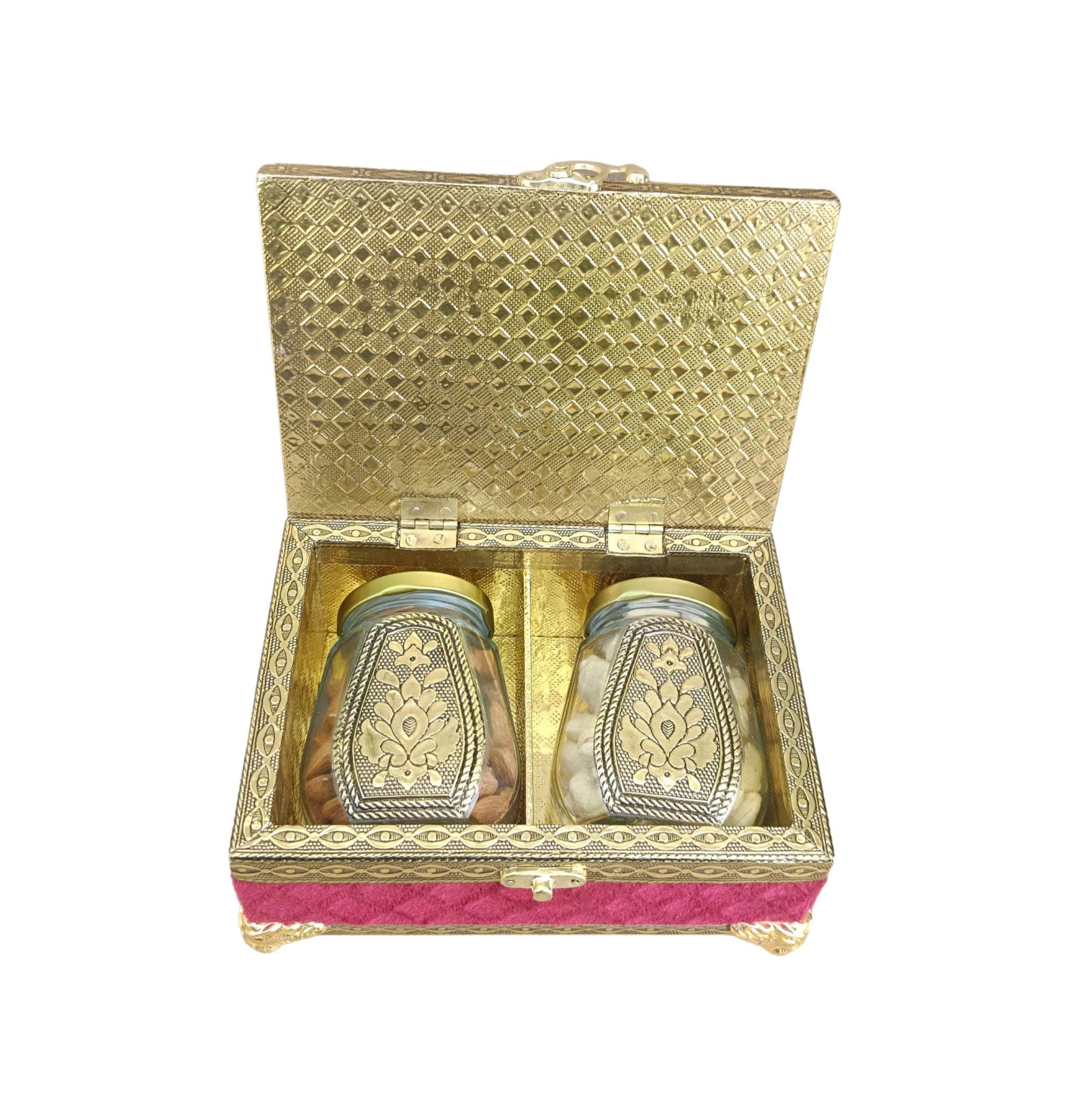 Handmade Red Velvet Meenakari Dry Fruit Box with Glass Jars: Diwali Gift - image 4
