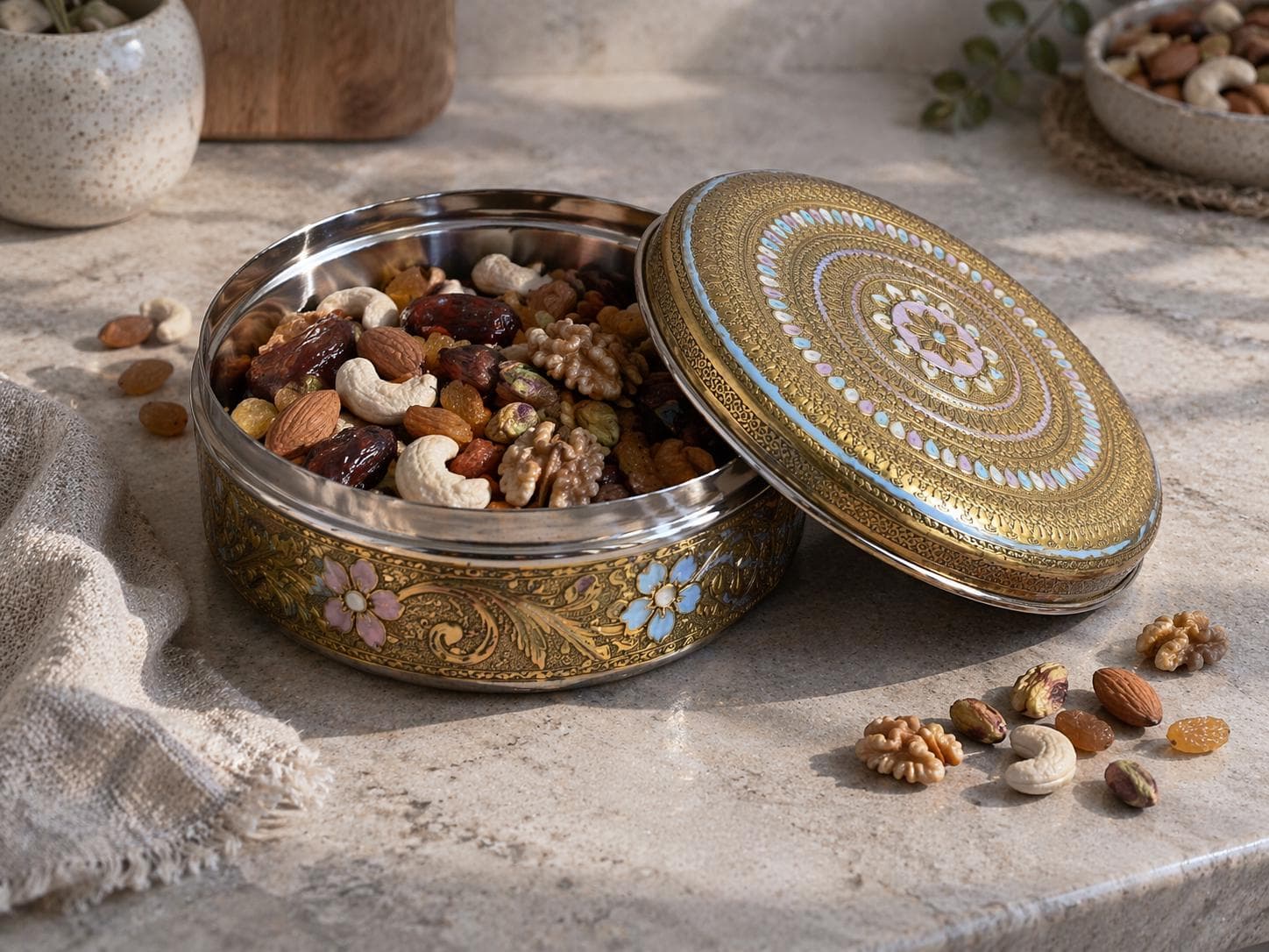 Meenakari Steel Storage Box | Chapati, Dry Fruit Box, Mithai & Namkeen Container | Decorative Return Gift For Marriage, Diwali, Wedding. - image 4