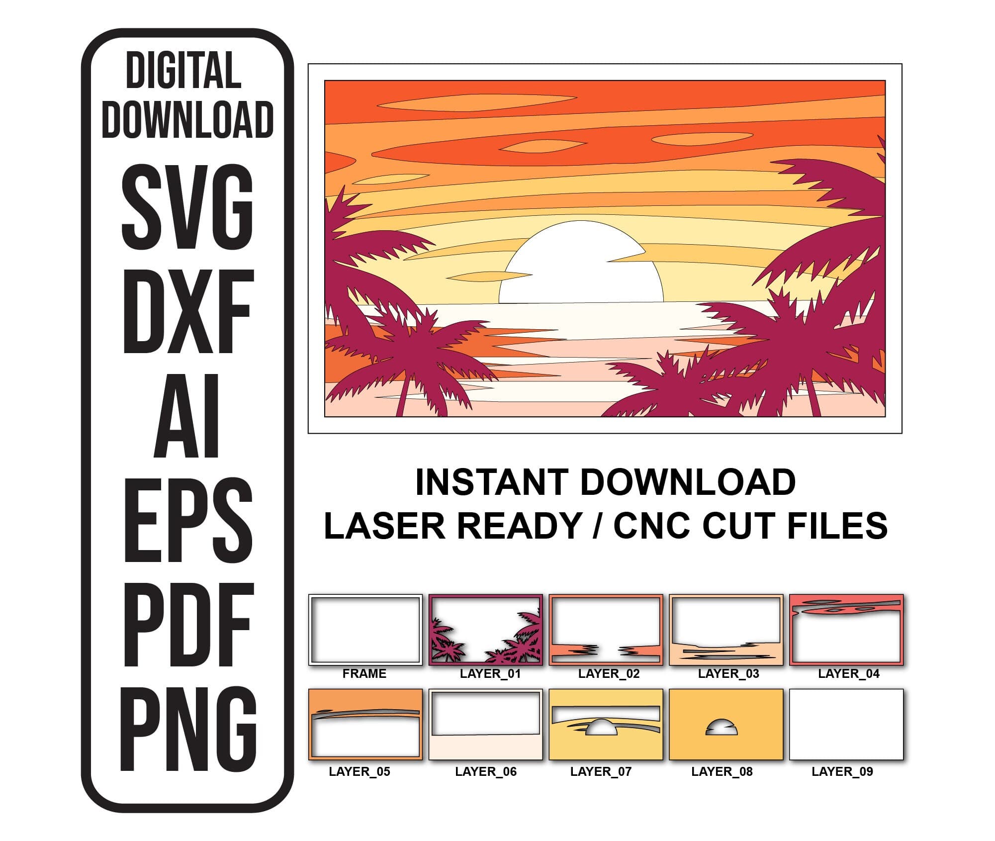 Tropical Sunset Beach Shadow Box CNC Plan SVG ai  dxf eps pdf png