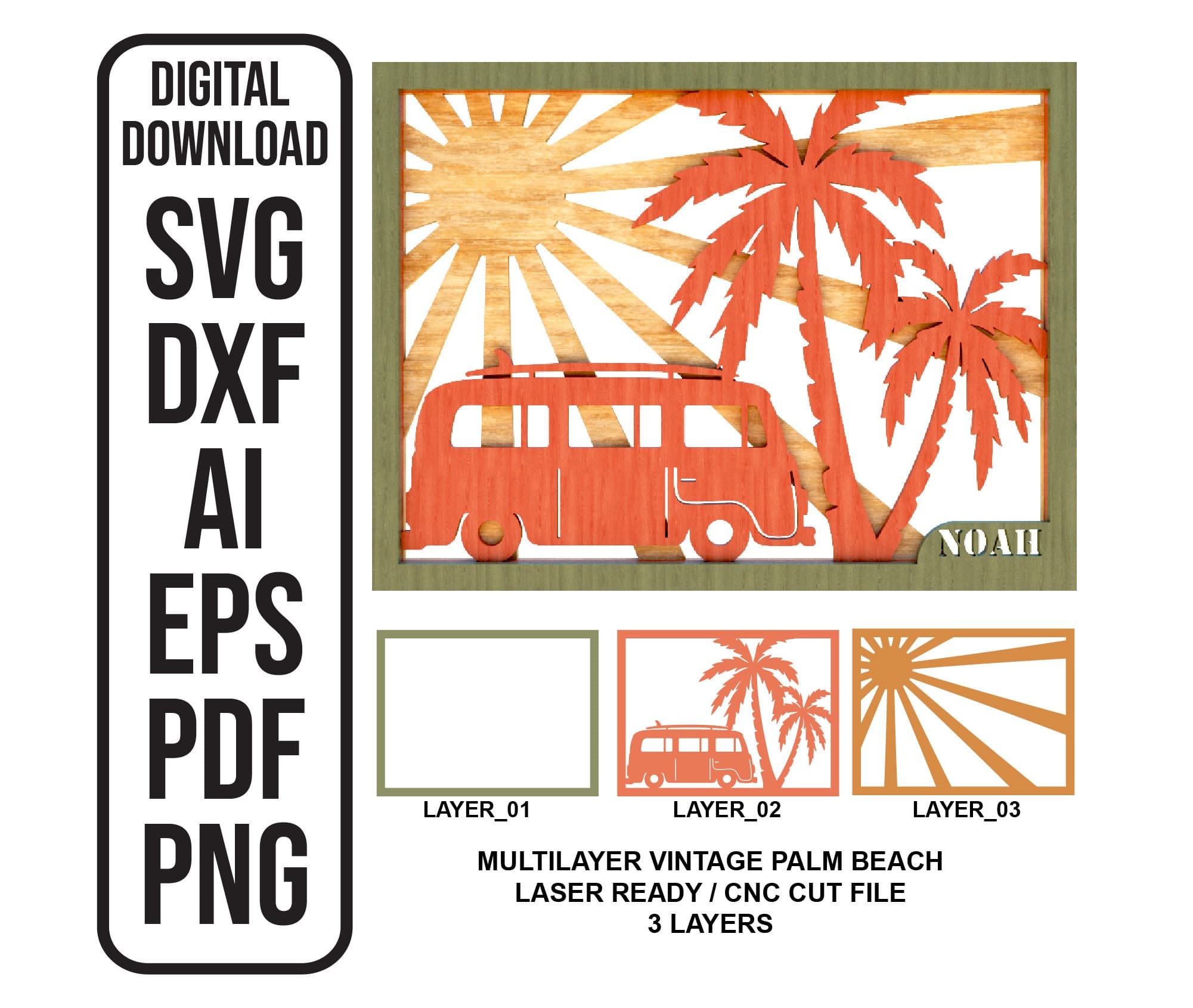 Palm Beach SVG Laser Cut Files: Vintage Van, Palms (Digital Download)