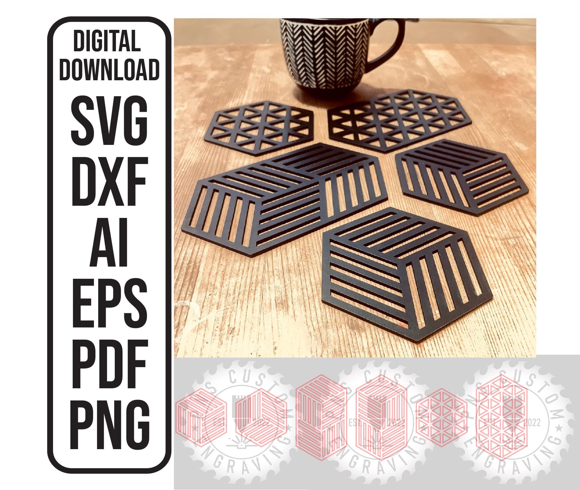 Hexagon Coasters Laser Cut Files: Geometric Drink Coasters (Digital Download)
