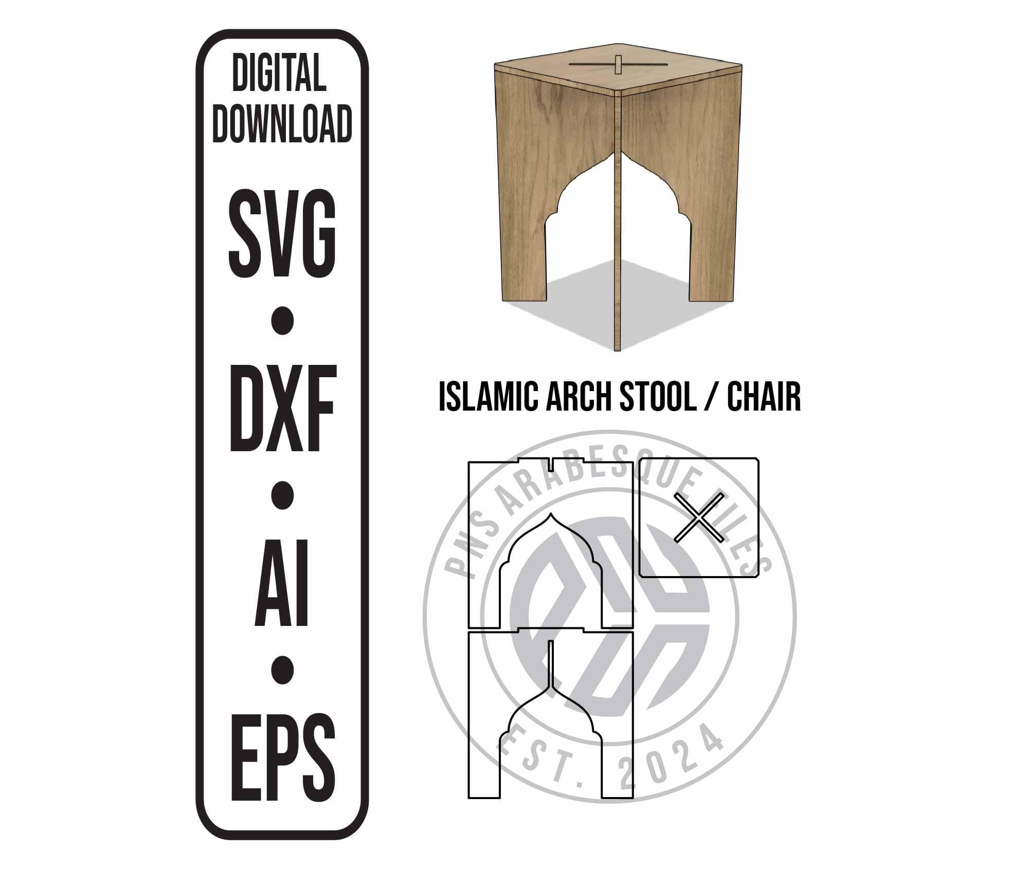 Islamic arch stool 50×35×35 cm – 3-part cnc laser stool design – vector files for 12 mm wood – svg dxf ai eps