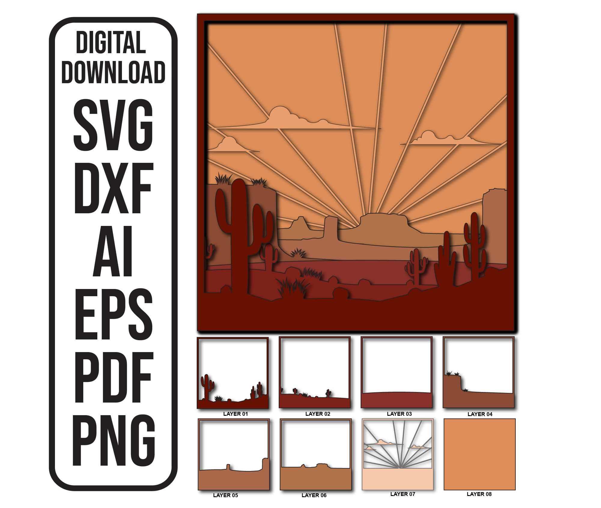 Desert Sunset Shadow Box Laser Cut File: Arizona Cactus (Digital Download)