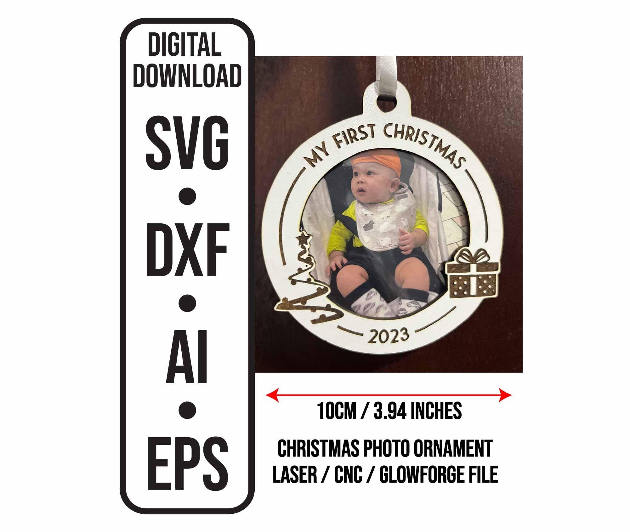 My First Christmas Ornament Photo Frame 10cm | layered laser cut Svg dxf ai eps