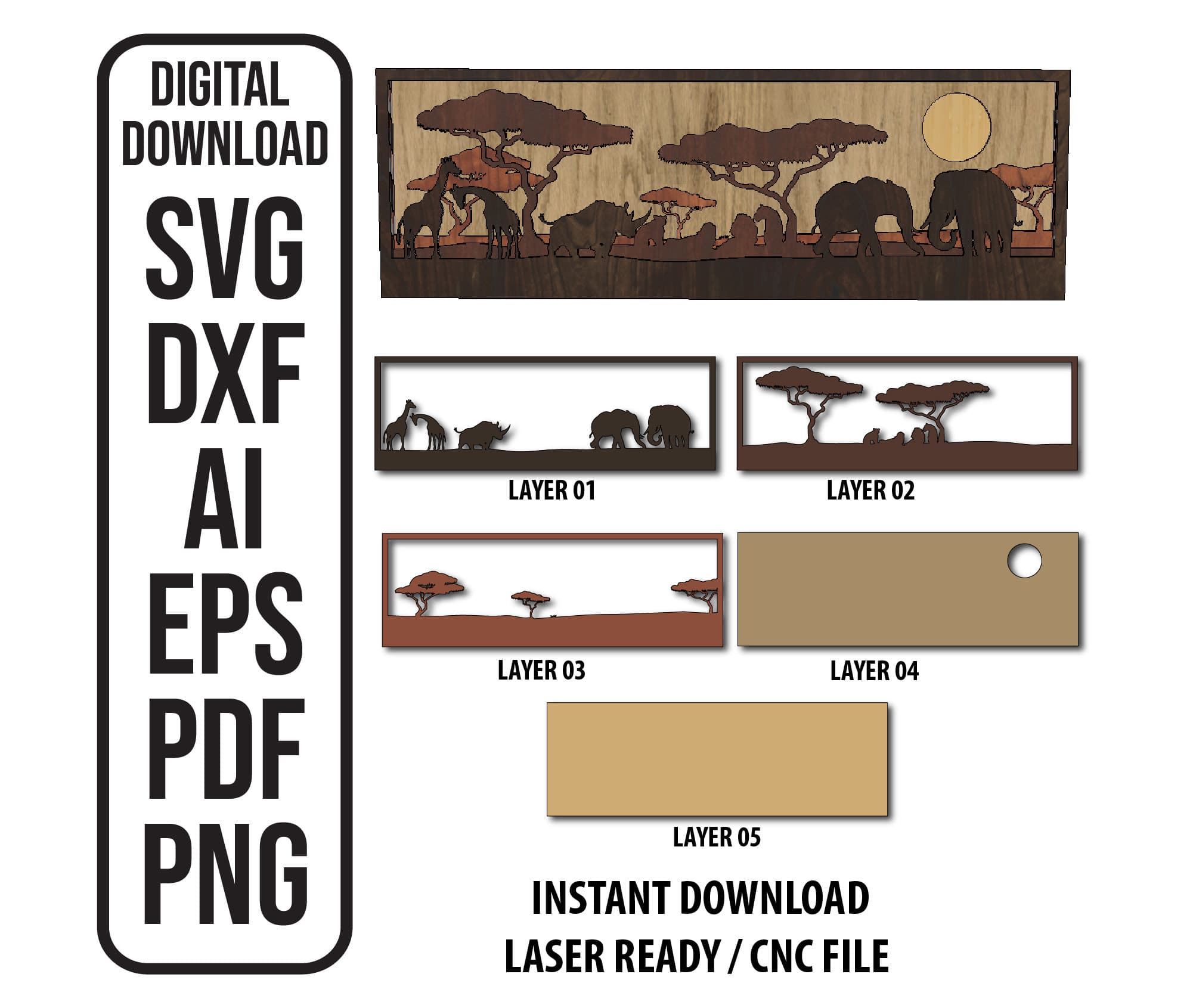 African Savannah Shadow Box SVG: Laser Cut Wall Decor (Digital Download)