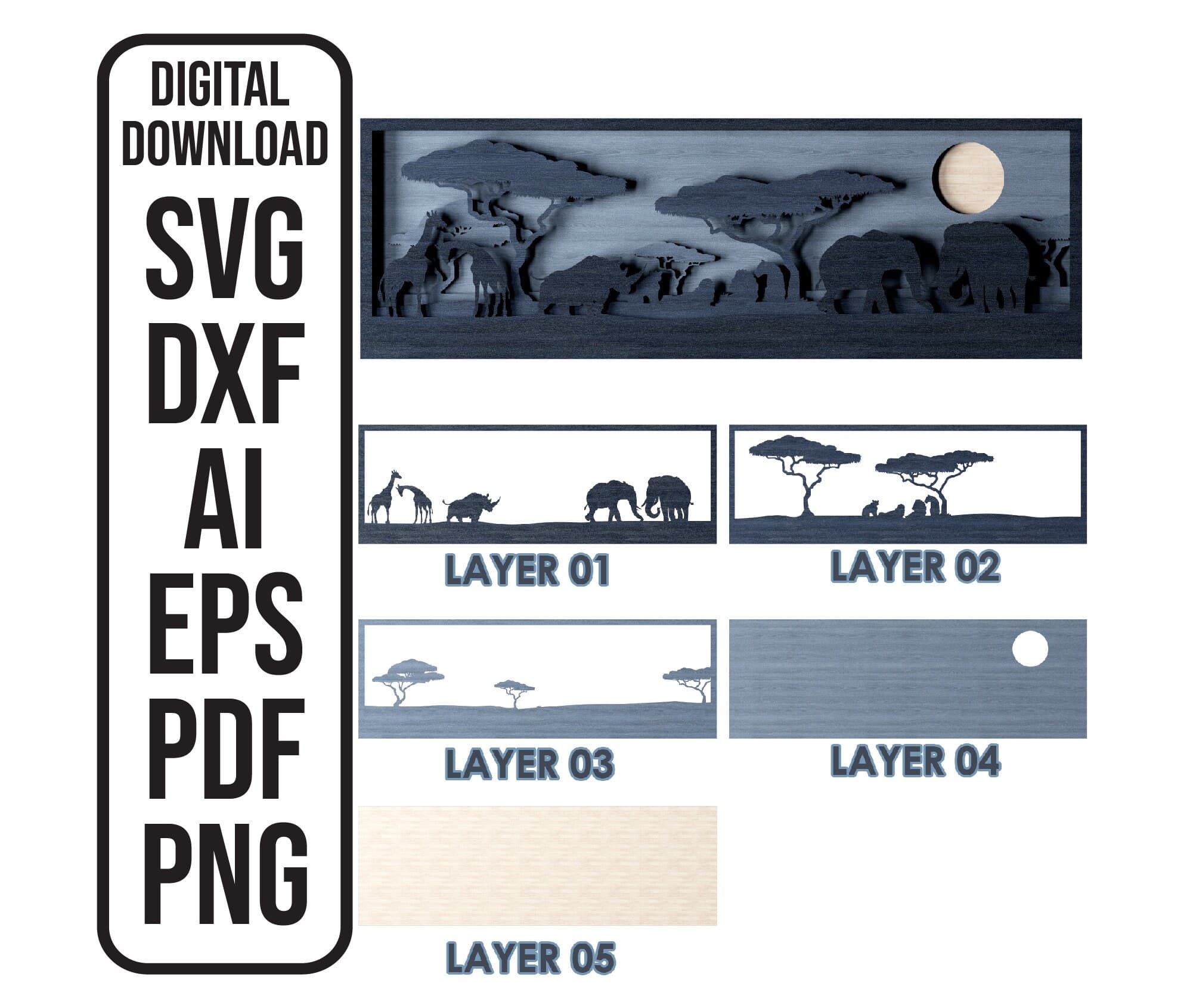 African Savannah Shadow Box Cut Files: Multilayer Laser Cut Design (Digital Download)