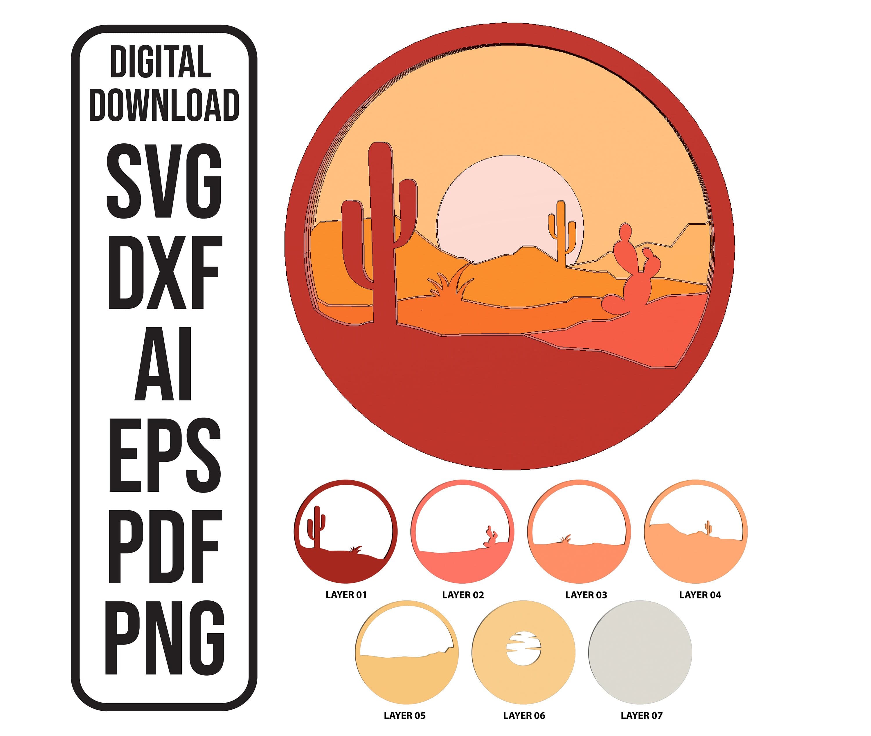 Multilayer Desert Round Laser Cut File Southeast Arizona Desert Southeast Cactus Round Shadow Box Laser Files SVG ai dxf eps pdf png