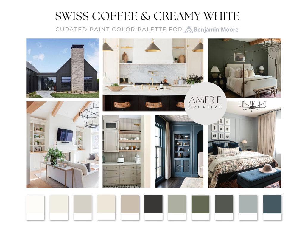 Swiss Coffee Color Palette Creamy White Benjamin Moore Paint color Palette neutral paint colors whole house paint color scheme home paint color scheme warm neutral paint colors white greige sage green gray green dark green seapearl china white gray mist revere pewter stone hearth ashwood moss black beauty oil cloth dark olive boothbay gray new providence navy newburg green paint colors 2025
