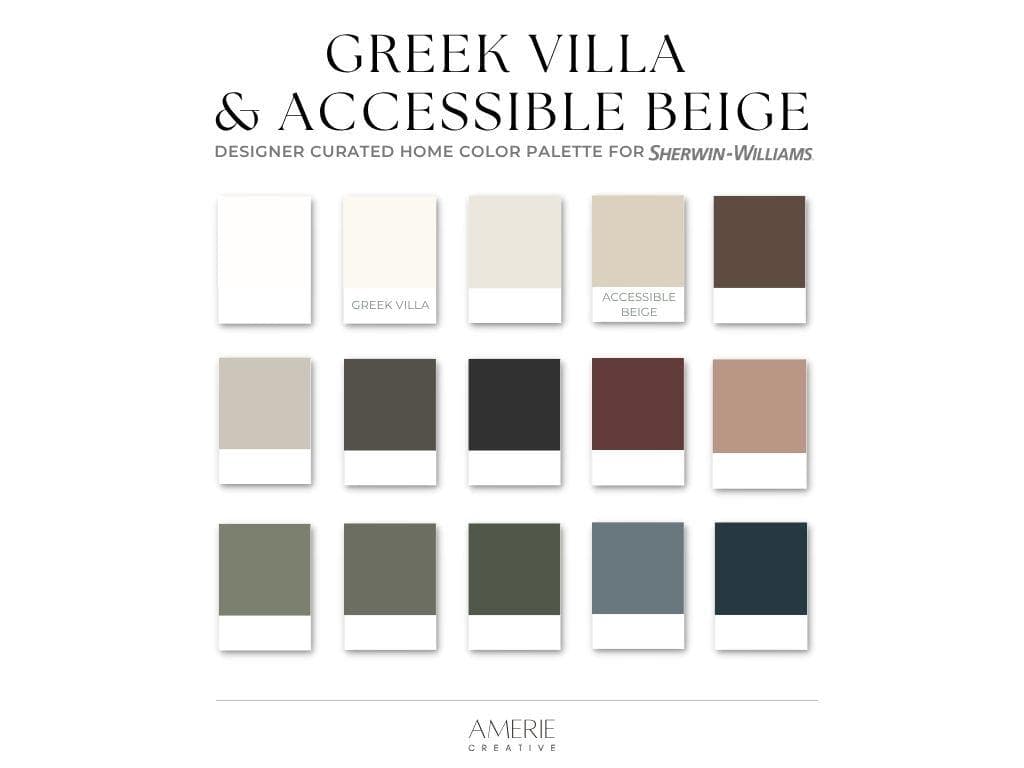 Greek Villa Sherwin Williams Accessible Beige Sherwin Williams Greek Villa Paint Color Palette Greek villa complimentary colors Accessible beige coordinating colors whole house paint color interior paint color warm neutral paint color scheme warm white paint color palette pure white shoji white sable anew gray urbane bronze black magic sommelier redend point dried thyme thunderous forestwood dark green grey slate tile dark night navy blue gray modern earthy paint colors