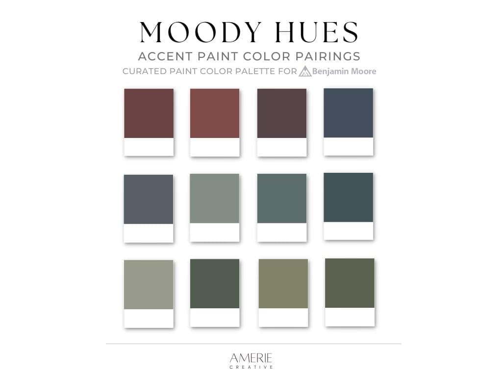 Moody Paint Color Palette Benjamin Moore paint palette house paint color scheme Modern earthy dark olive green intrigue hale navy blue black