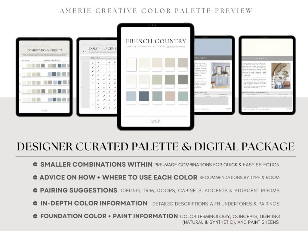 French Country Color Palette Benjamin Moore paint palette house colour scheme classic french paint colors french coastal country farmhouse french farmhouse paint color whole home paint color whole house paint color warm neutral paint color warm white paint color cream paint color dusty powder light blue heather natural cream dove wing creamy white dove vale mist green gray boothbay Brittania blue