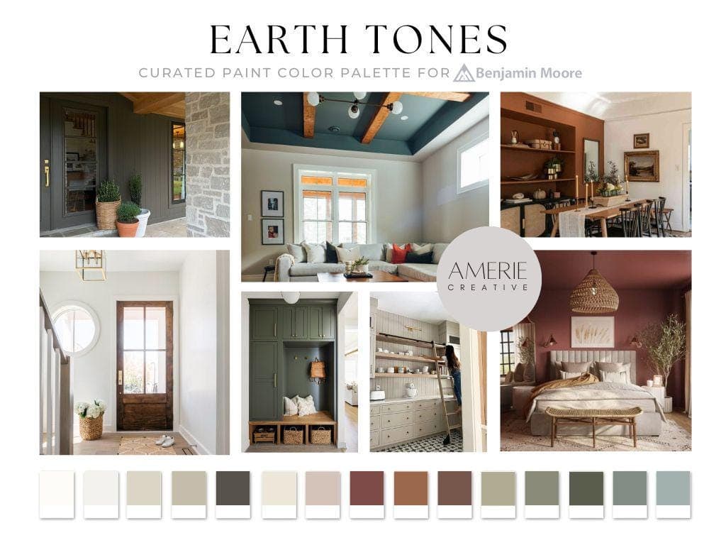 Earth Tones Paint Color Benjamin Moore Paint palete Cozy paint colors cozy home paint color whole house paint color Farmhouse Paint Color Palette Benjamin Moore Cozy earthy neutral paint color scheme warm paint colors 2025 seapearl china white dove natural cream stone hearth creamy white dragons breath dragon's breath black brown paint color garrison red brown copper kettle nantucket gray glucester sage dark olive green gray green paint colors