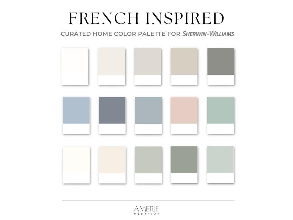 French House Paint Color Palette Sherwin Williams paint palette French interior warm neutral paint white cream greige dusty blue gray green