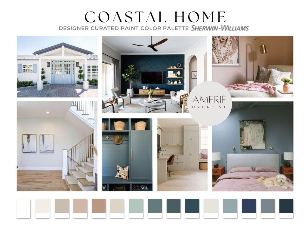 Coastal home paint color palette beach house Paint Color Palette Sherwin Williams Paint palette Coastal house paint color scheme coastal paint colors exterior interior neutral paint color warm neutral paint colors navy blue green teal dark blue turquoise accent paint colors pure white duck drift of mist amazing gray accessible beige quietude riverway stillwater seaworthy debonair naval foggy day dark night likeable sand redend point