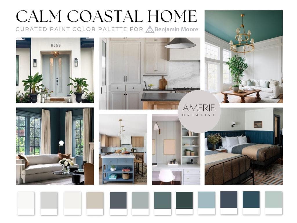 CALM Coastal home PAINT COLOR PALETTE Benjamin moore paint color palette modern coastal house paint color scheme coastal color scheme coastal paint color palette Beach house paint color coastal house paint colors interior warm neutral paint colors blue green teal paint colors glacier white dove seapearl china white classic gray owl natural cream boothbay gray blue quiet moments aegean teal waters edge hale navy exterior revere pewter
