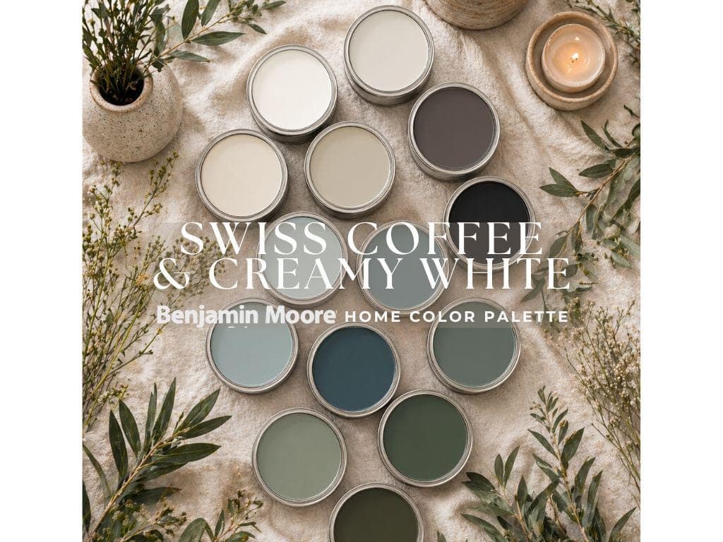 Swiss Coffee Benjamin Moore Creamy White Whole house paint color palette earthy warm neutral paint color 2026