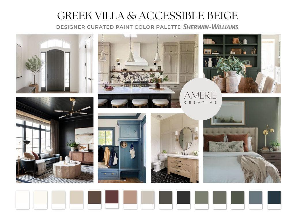 Greek Villa Sherwin Williams Accessible Beige Sherwin Williams Greek Villa Paint Color Palette Greek villa complimentary colors Accessible beige coordinating colors whole house paint color interior paint color warm neutral paint color scheme warm white paint color palette pure white shoji white sable anew gray urbane bronze black magic sommelier redend point dried thyme thunderous forestwood dark green grey slate tile dark night navy blue gray modern earthy paint colors