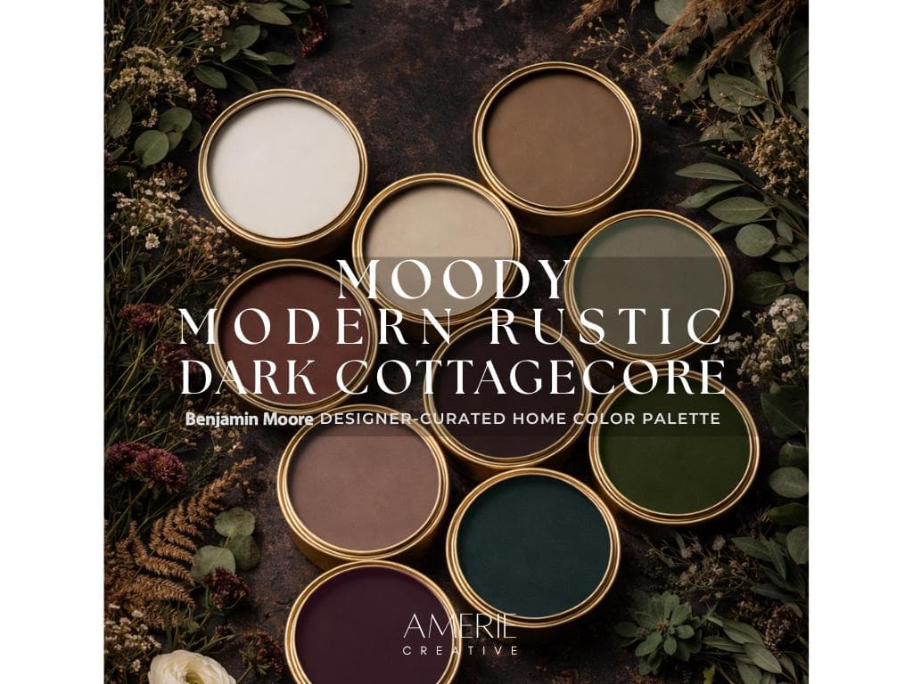 Moody Dark Cottagecore Modern Rustic Home Paint Color Palette Benjamin Moore paint palette Country house color scheme earthy paint colors