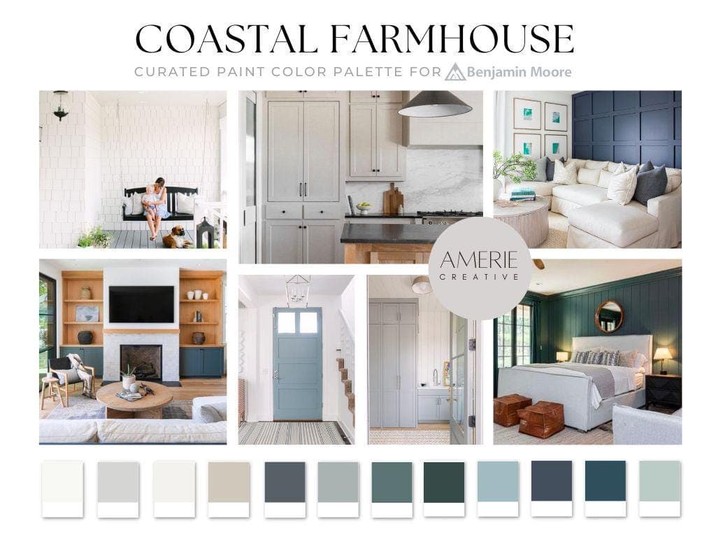 Coastal Farmhouse Color Palette Benjamin Moore paint palette farm house paint color whole home paint color scheme neutral paint colors modern cabin modern coastal paint color lake house colour scheme dark blue teal accent door cabinet oxford white china seapearl boothbay gray owl revere pewter knoxville gray blue newburg green hale navy beach glass flint